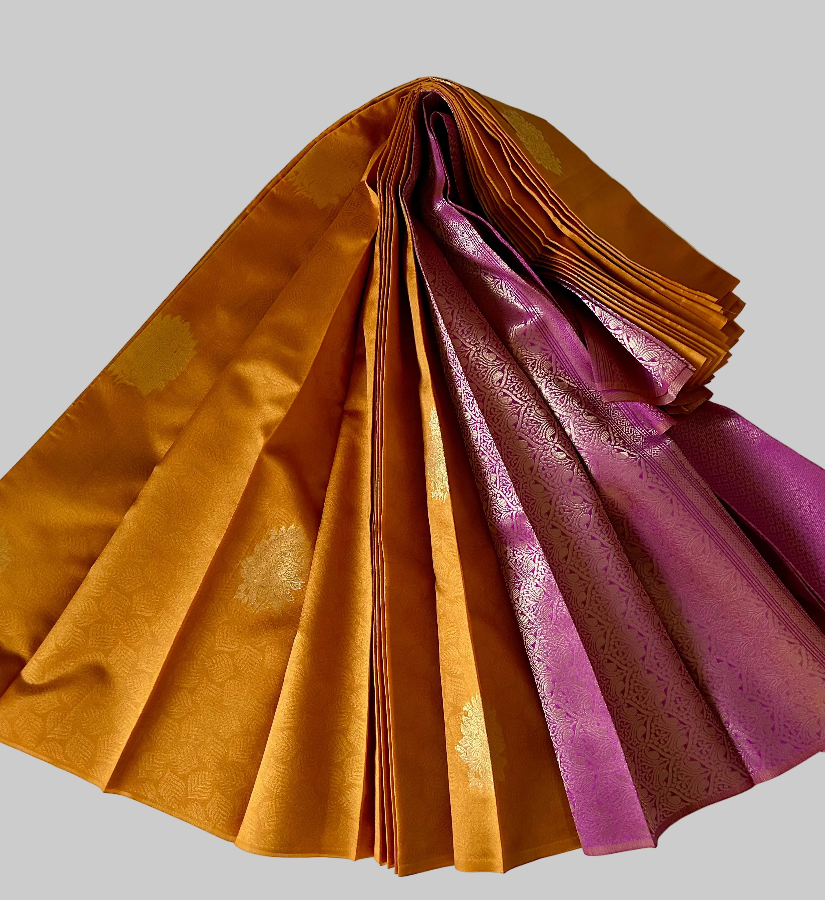 Golden Yellow Pink with golden zari Buta and Pallu Soft Silk Saree