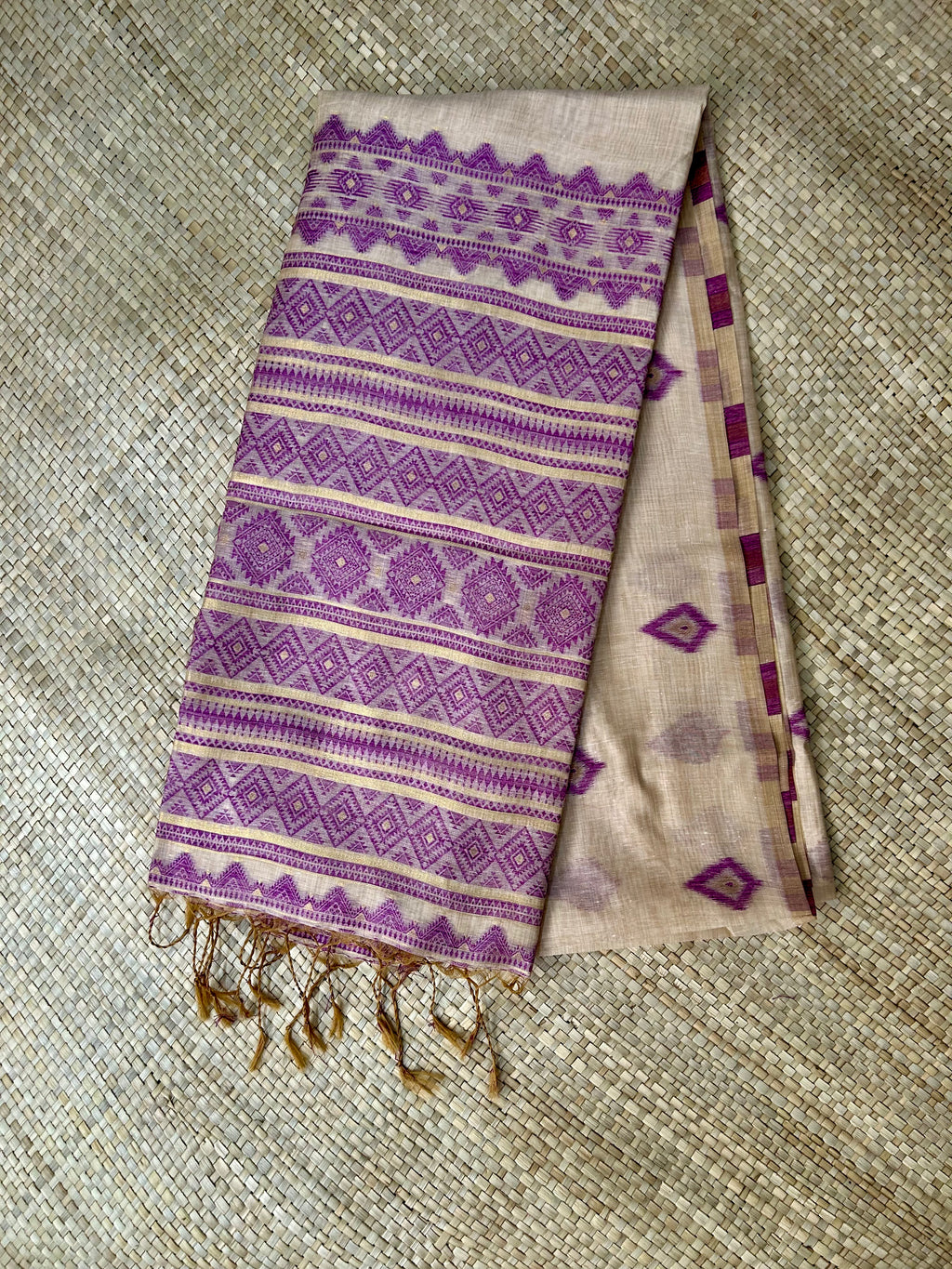 Beige Printed Jute Linen Saree