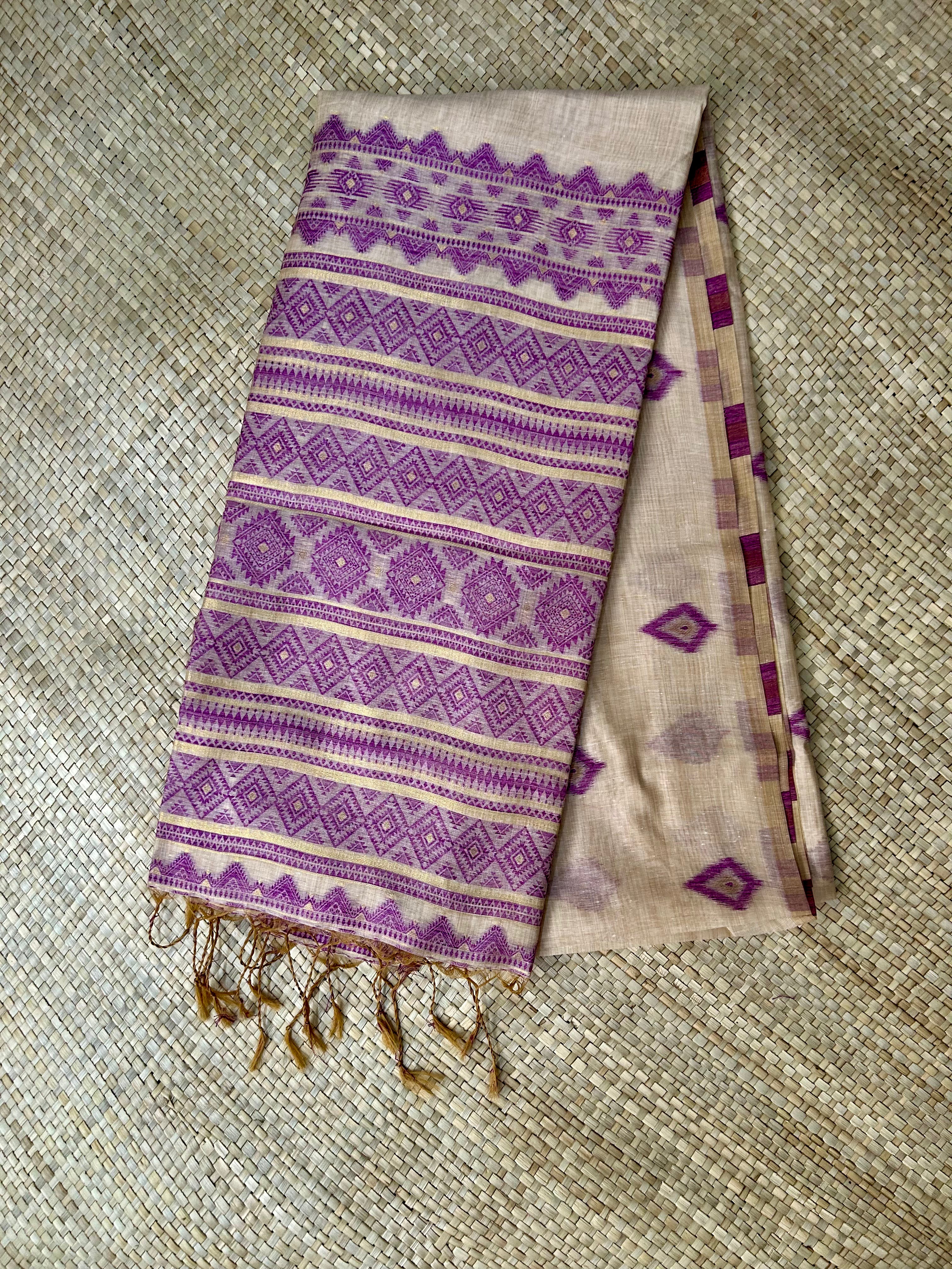 Beige Printed Jute Linen Saree