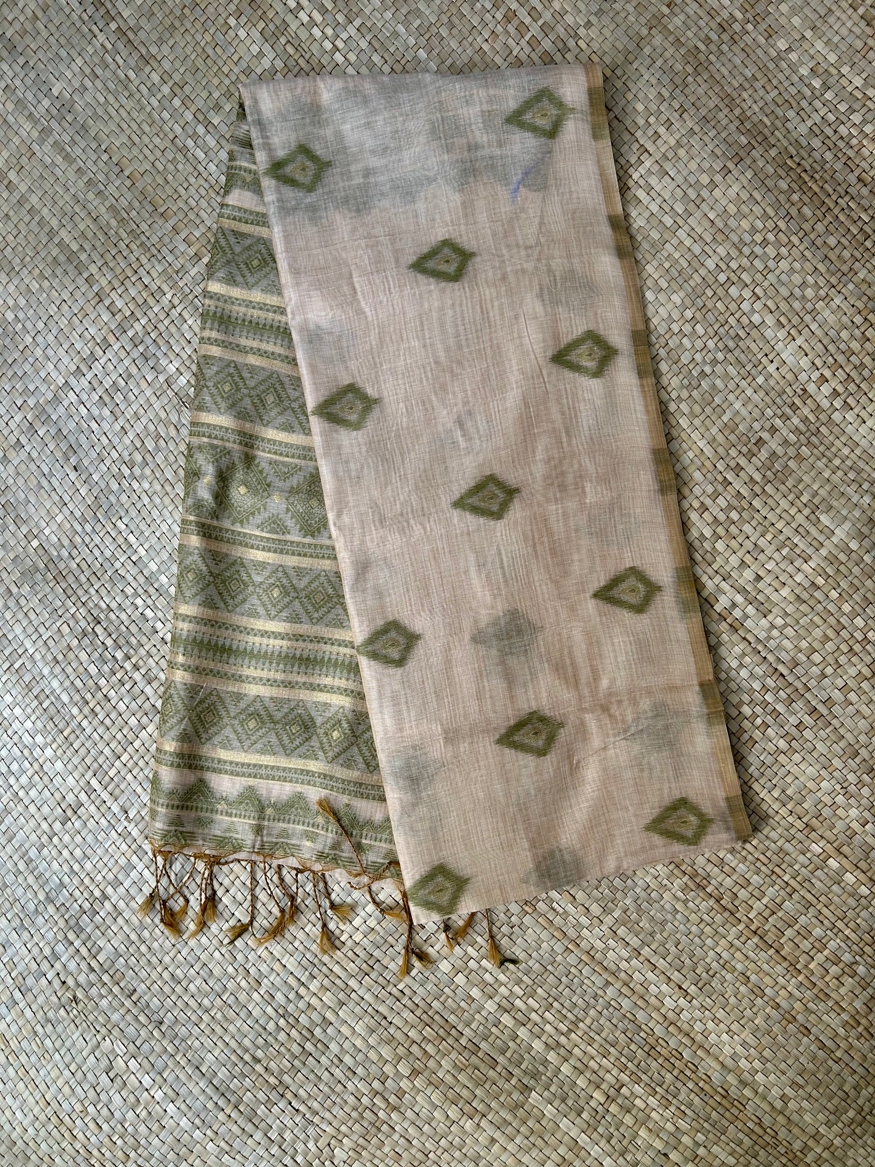 Beige Printed Jute Linen Saree