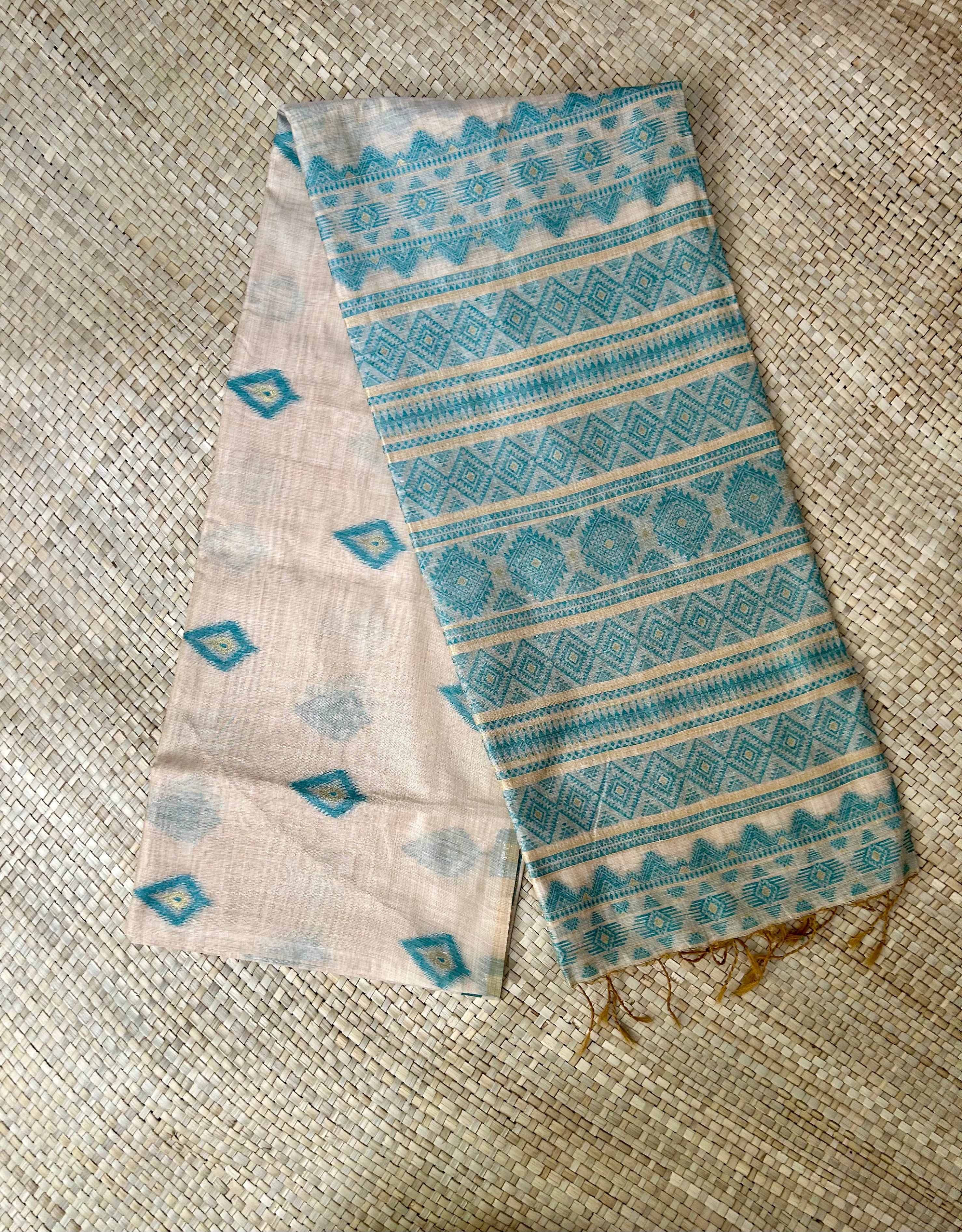 Beige Printed Jute Linen Saree