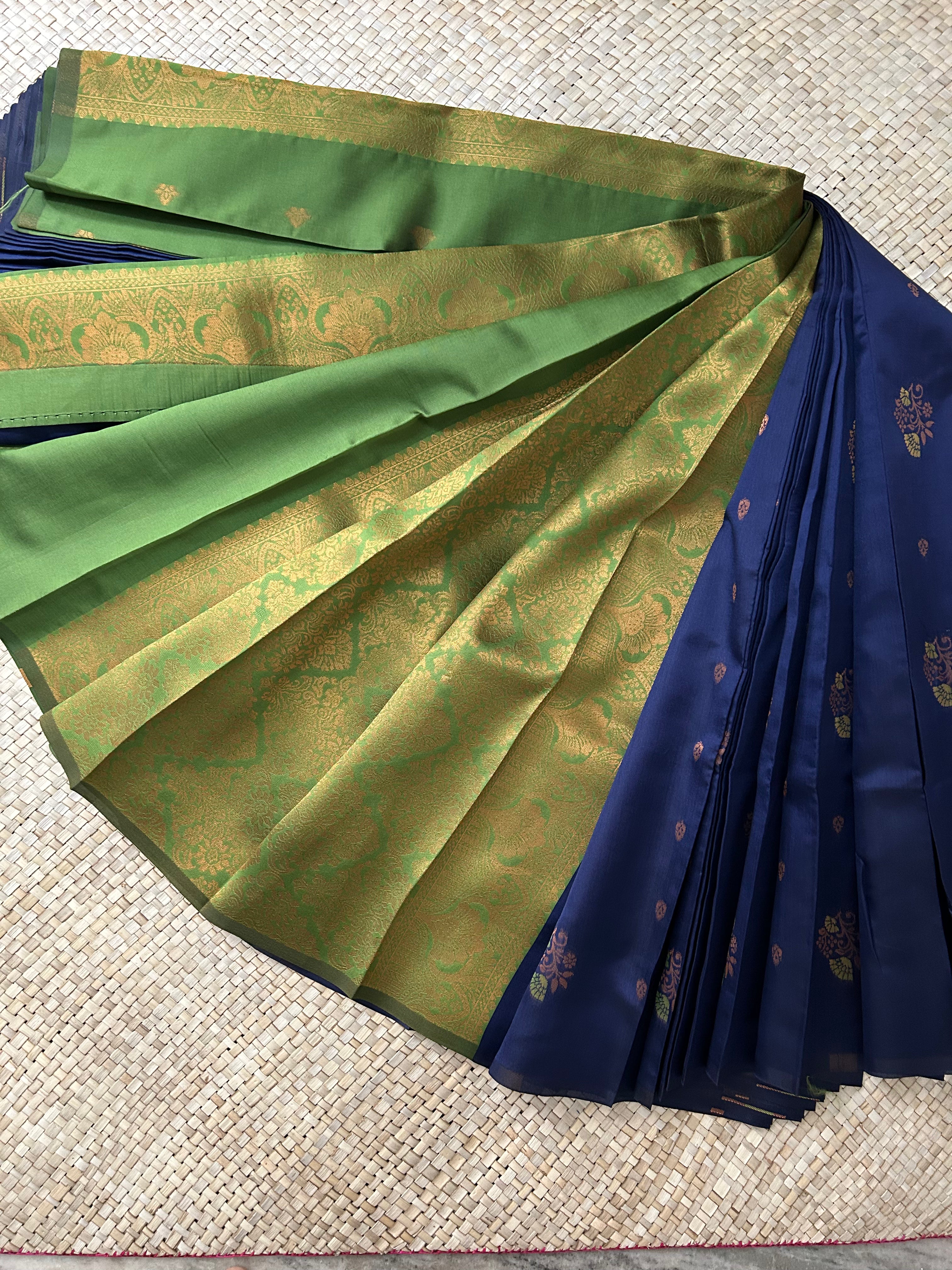 Peacock Blue green with golden zari Buta and Pallu Soft Silk Saree