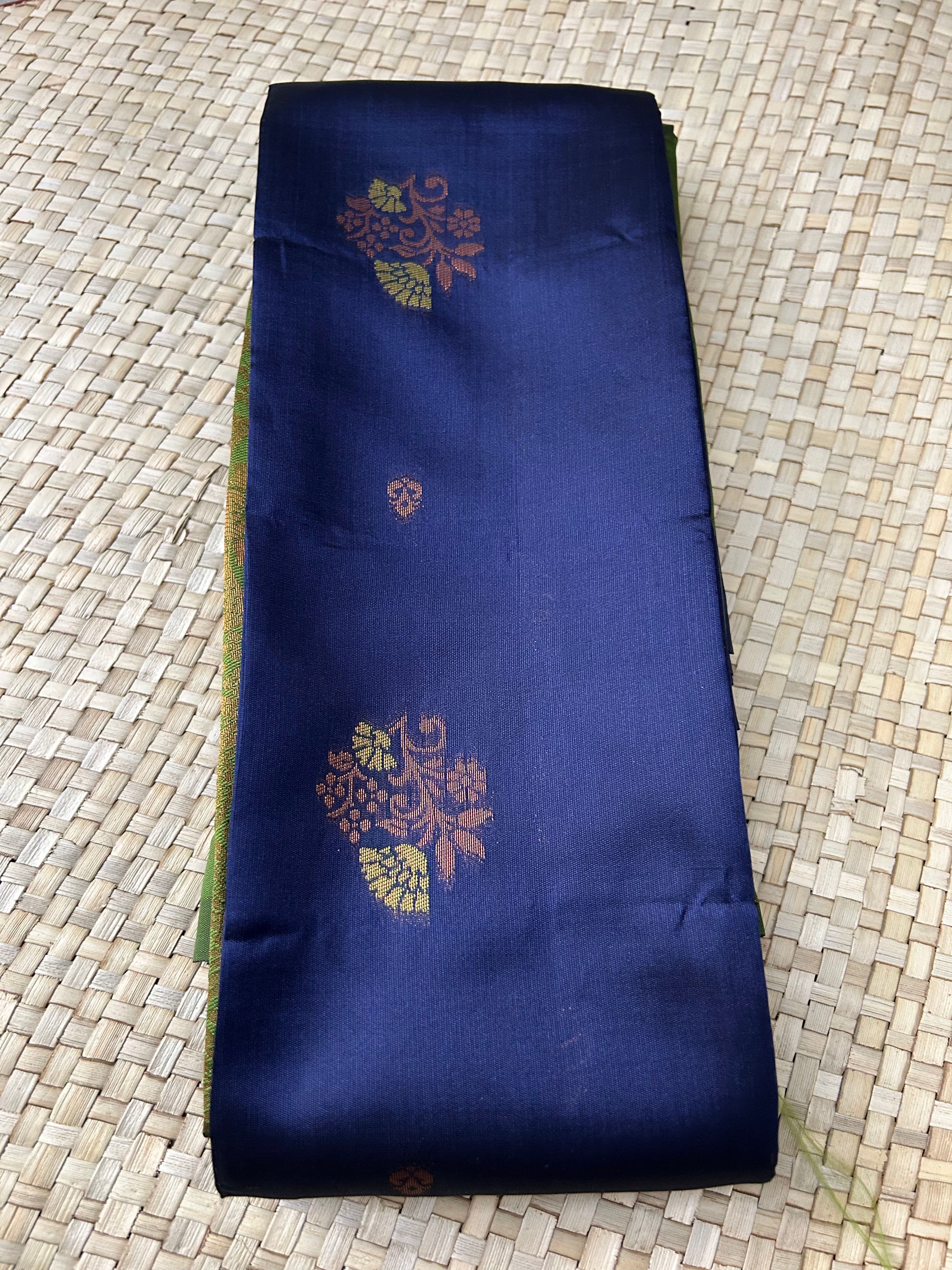 Peacock Blue green with golden zari Buta and Pallu Soft Silk Saree
