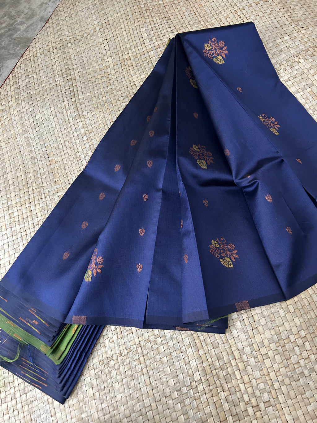 Peacock Blue green with golden zari Buta and Pallu Soft Silk Saree