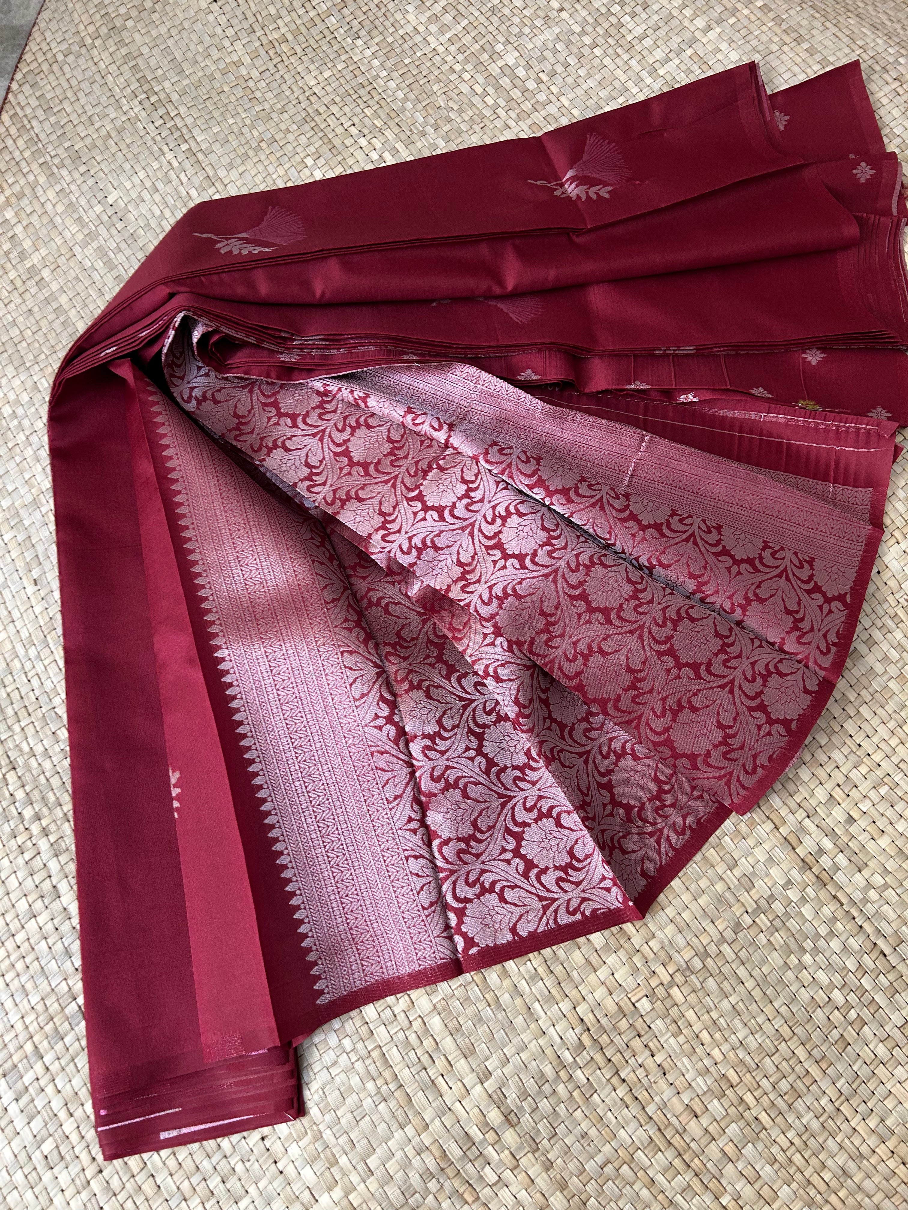 Maroon with Silver zari Floral Buta and Pallu Soft Silk Saree