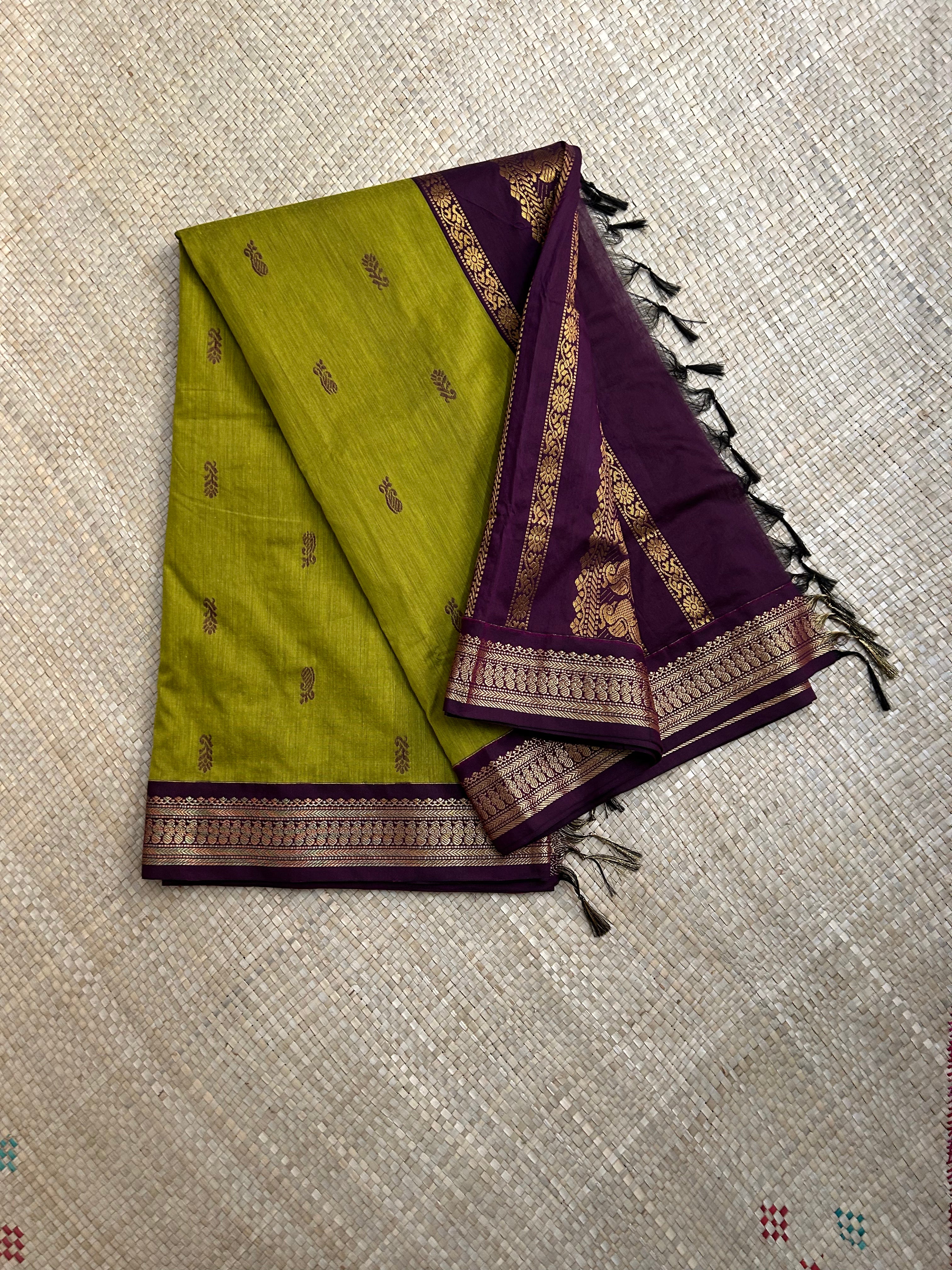 Olive with Wine Border Kalyani Cotton Saree