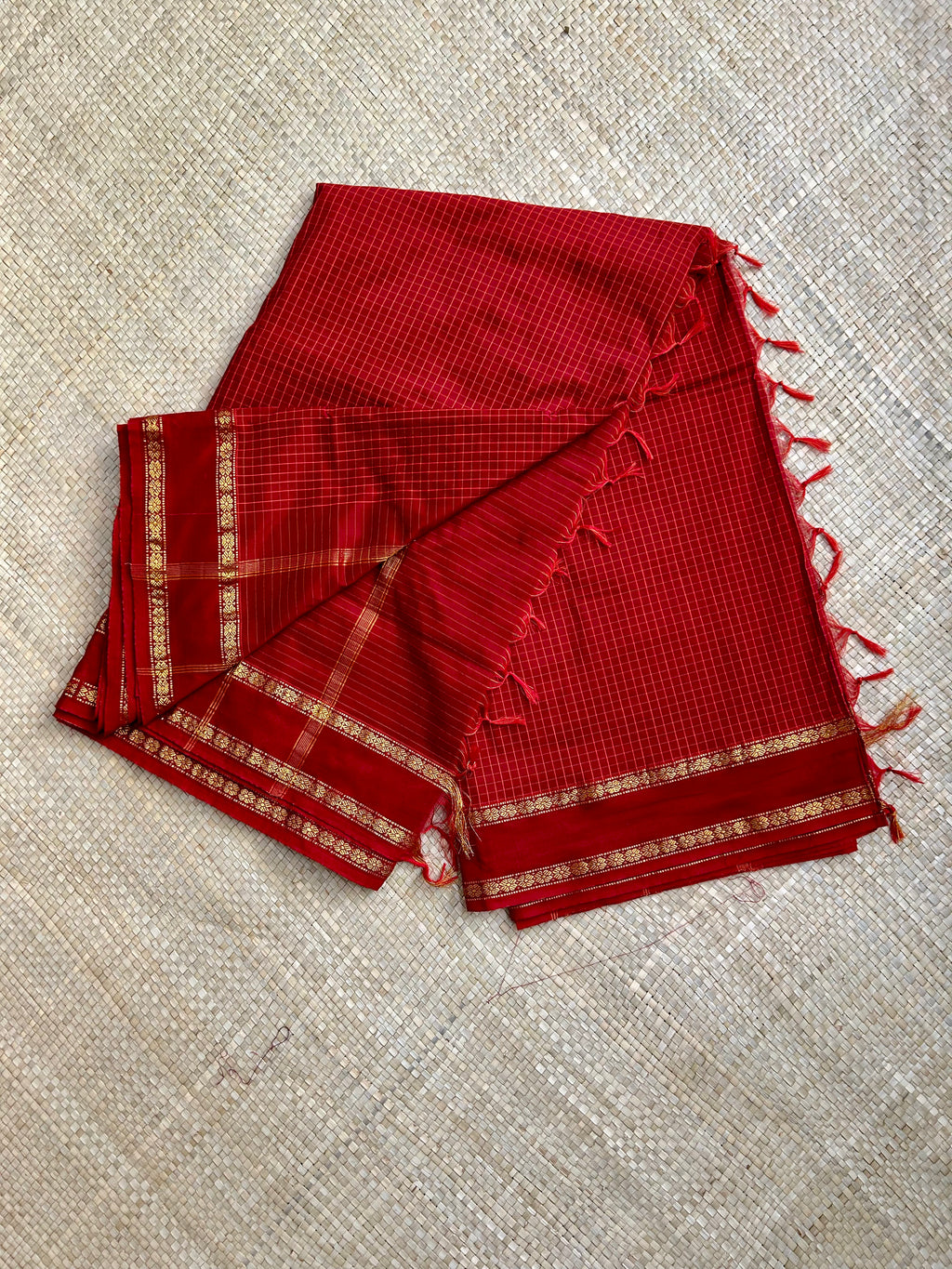 Red Micro checkered Kalyani cotton saree with Golden zari border