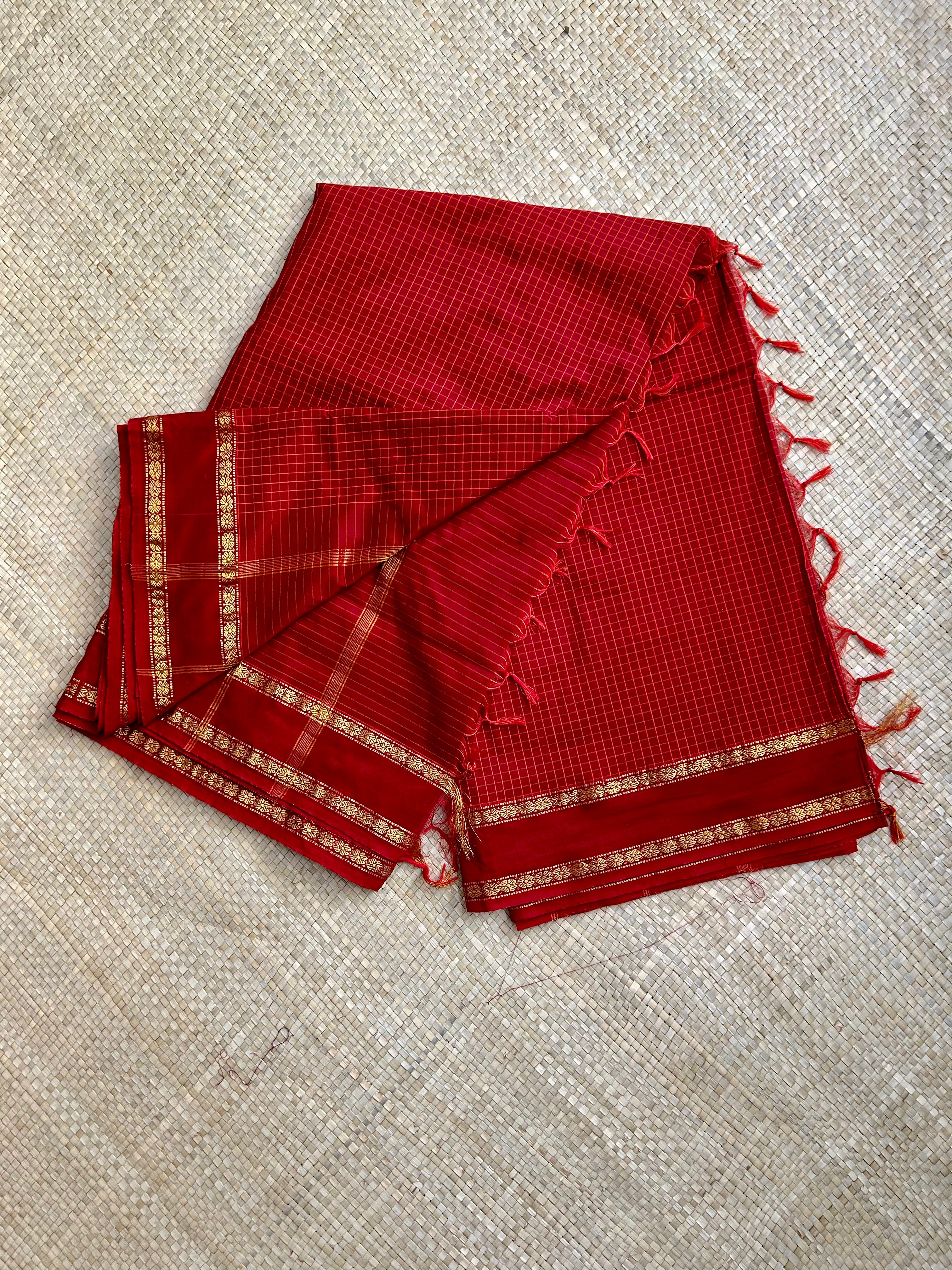 Red Micro checkered Kalyani cotton saree with Golden zari border
