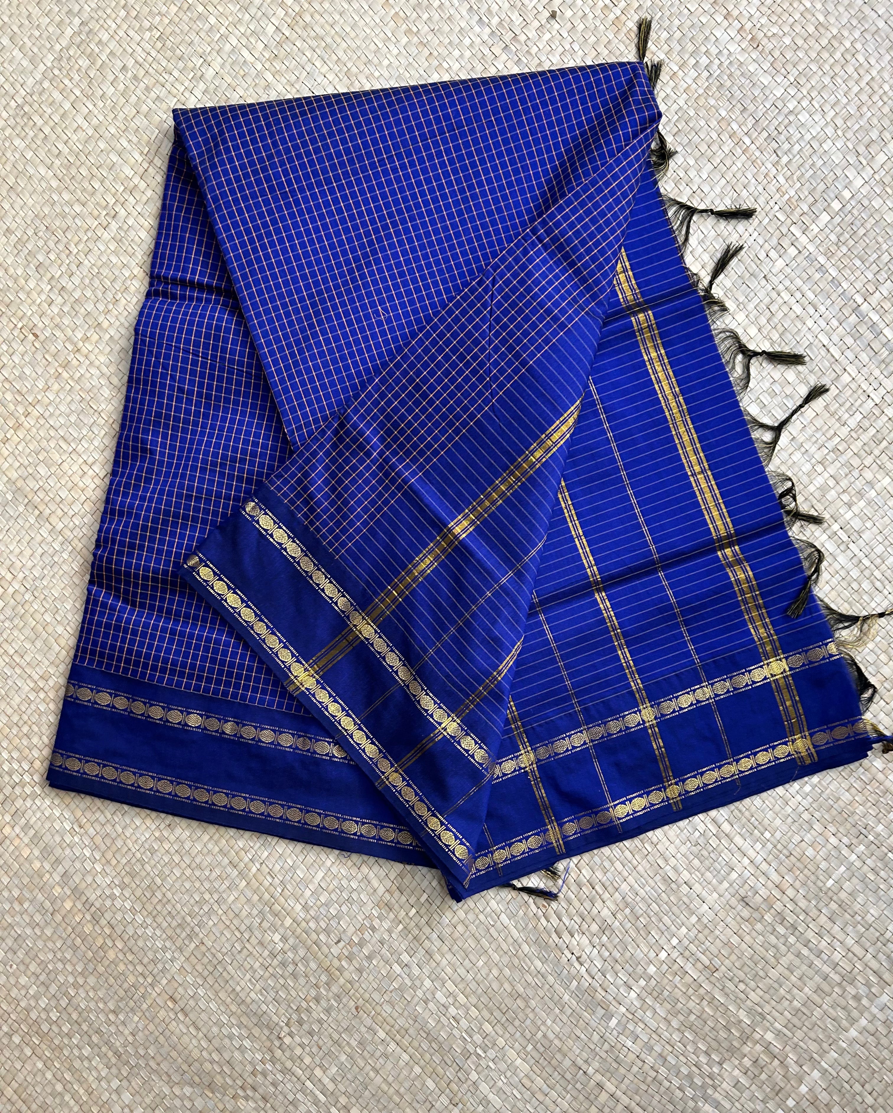 Blue Micro checkered Kalyani cotton saree with Golden zari border