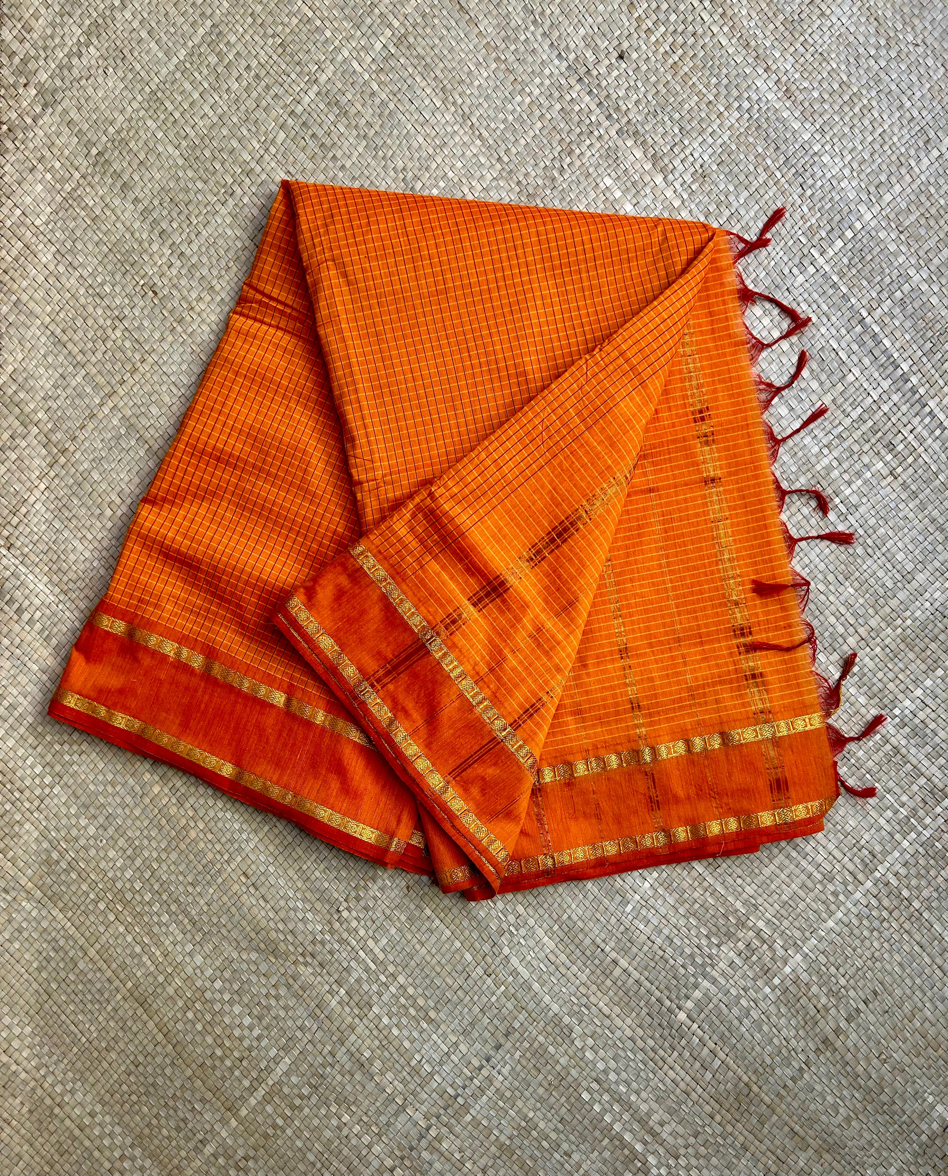 Orange Micro checkered Kalyani cotton saree with Golden zari border