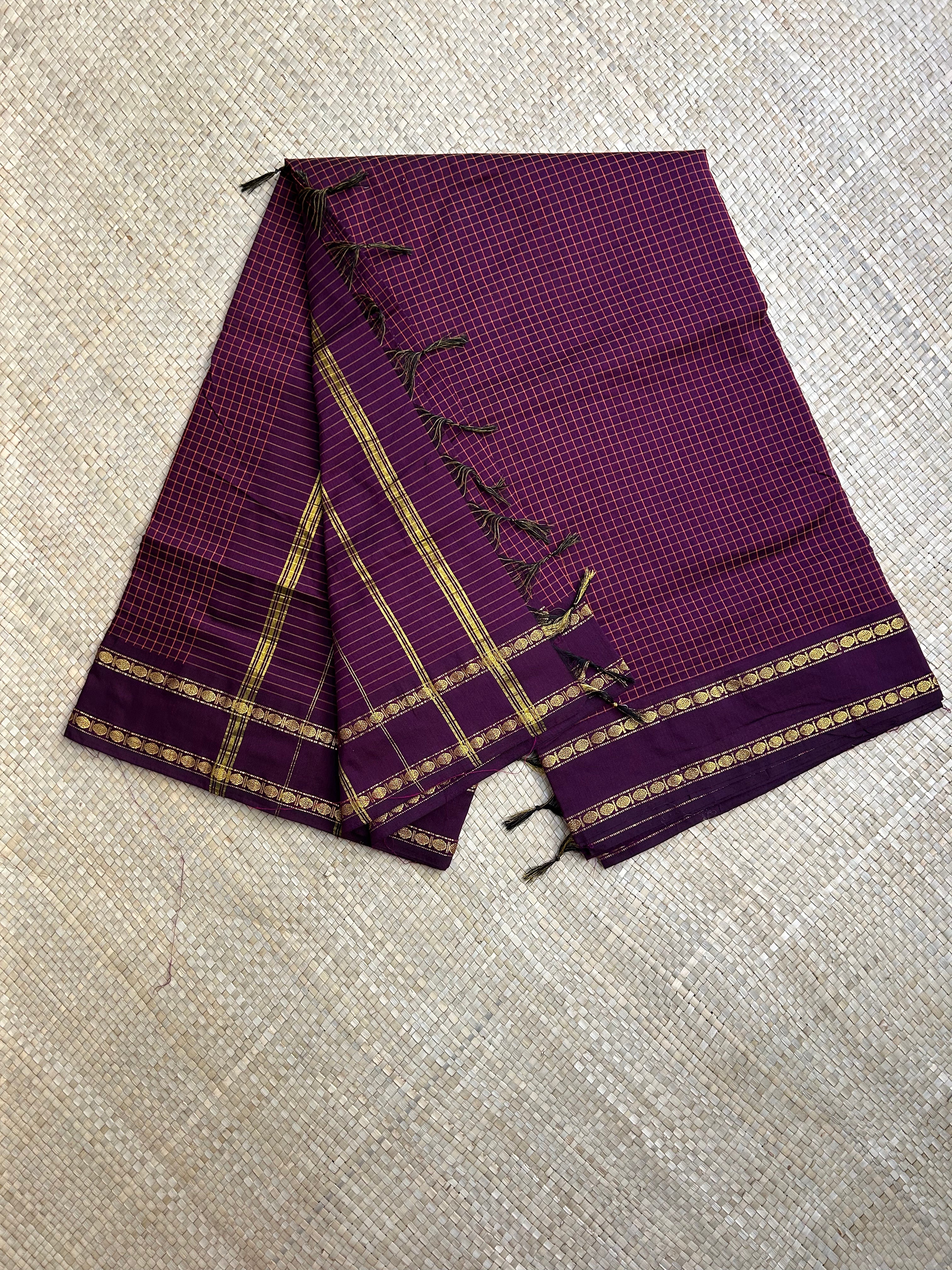 Wine Micro checkered Kalyani cotton saree with Golden zari border