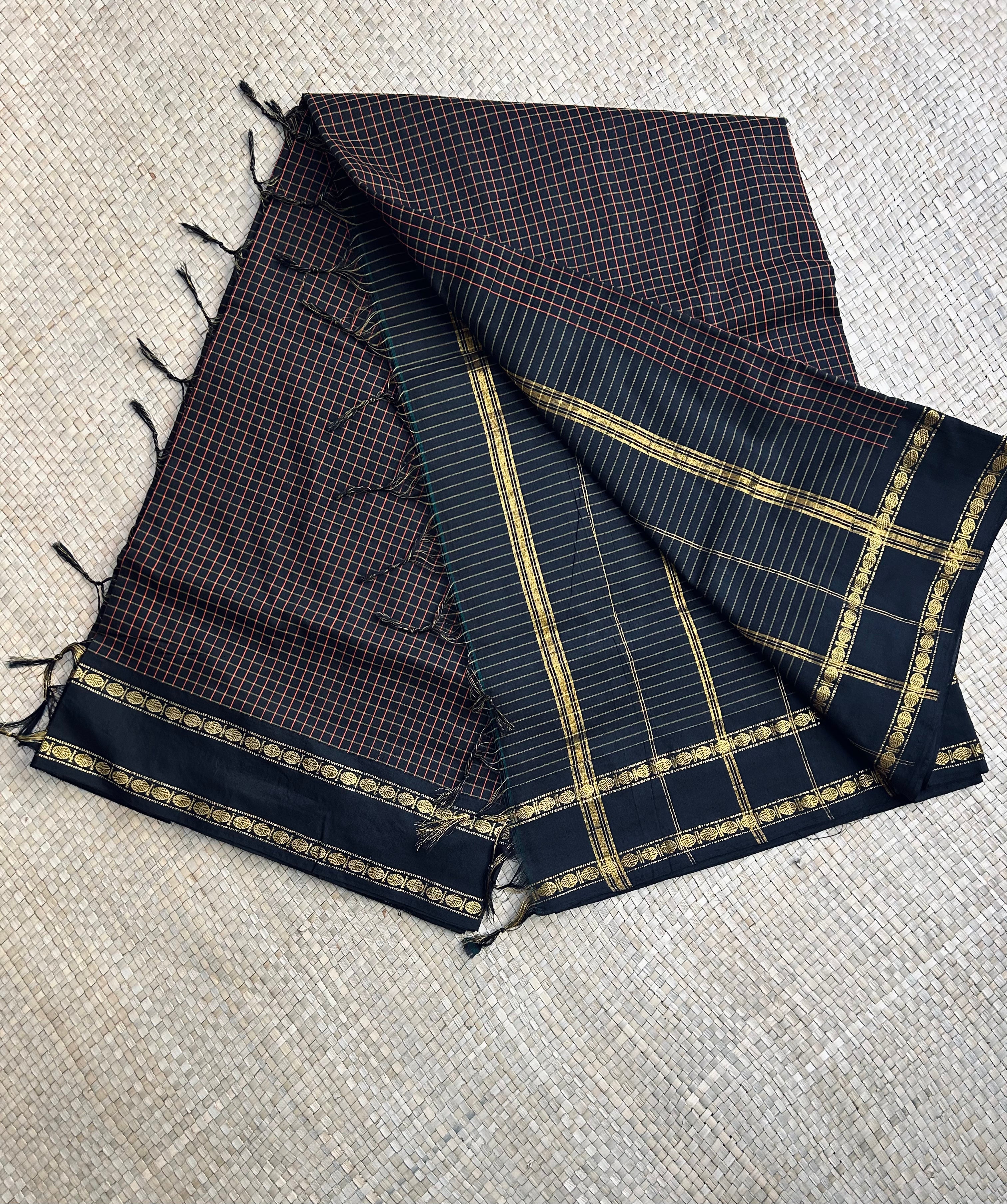 Deep Blue Micro checkered Kalyani cotton saree with Golden zari border