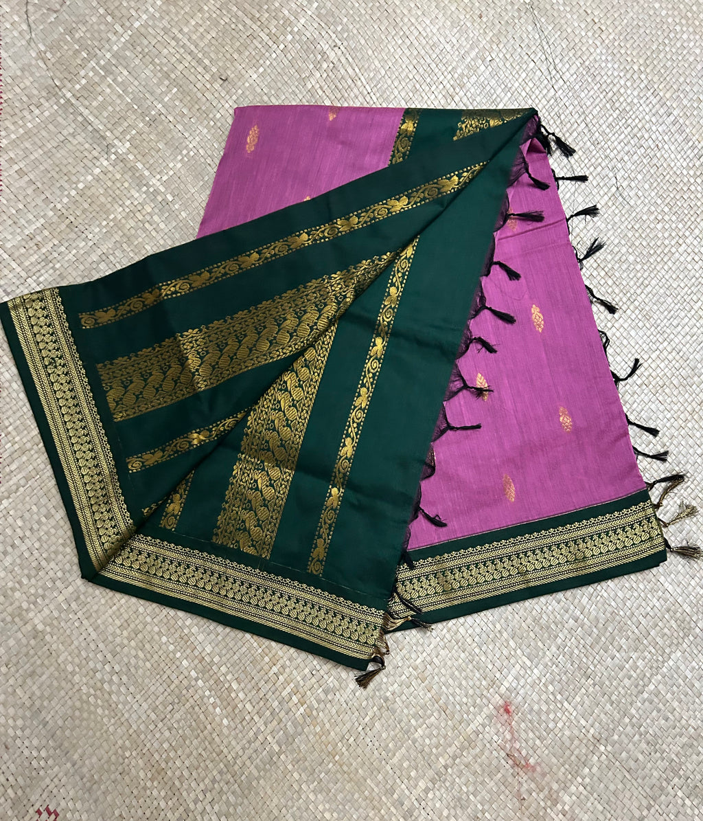 Pink with green Border Kalyani Cotton Saree