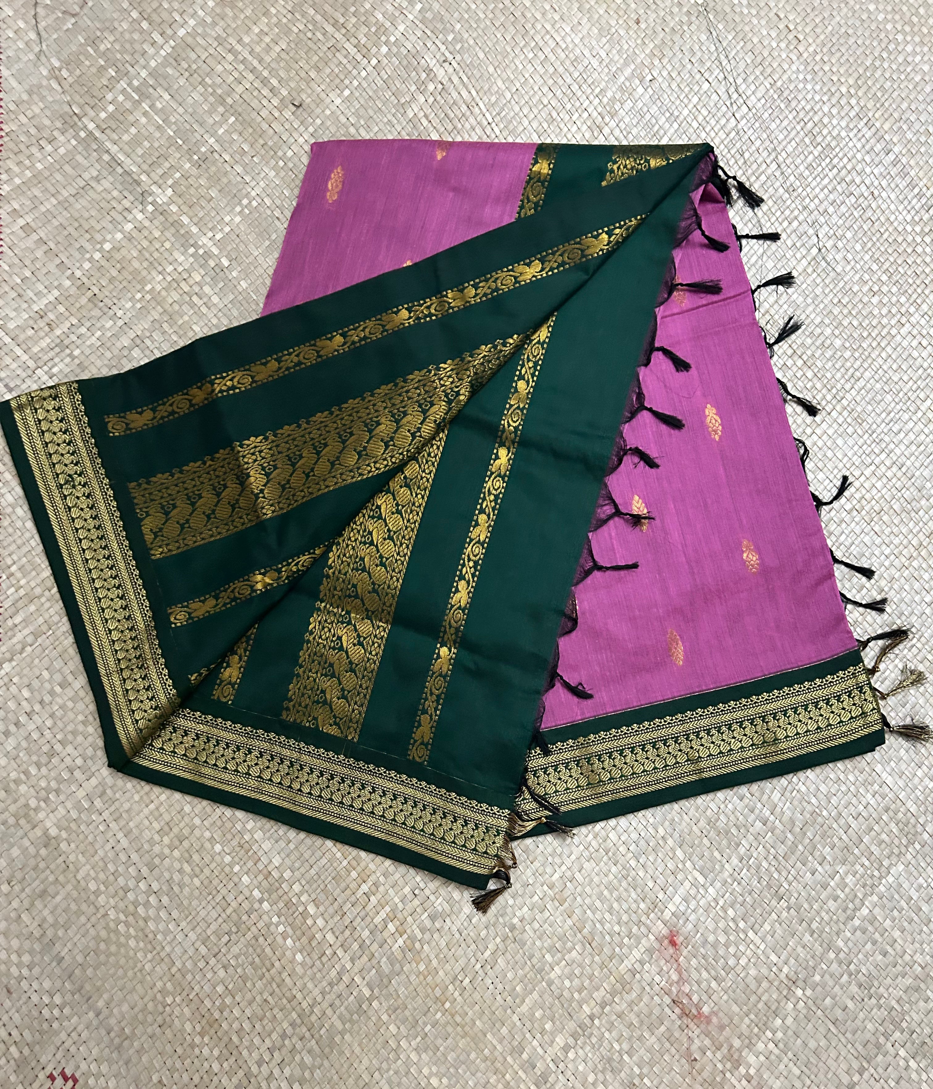Pink with green Border Kalyani Cotton Saree