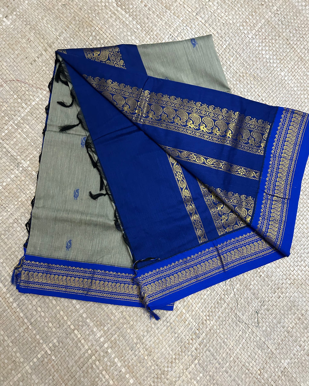 Grey with Blue Border Kalyani Cotton Saree