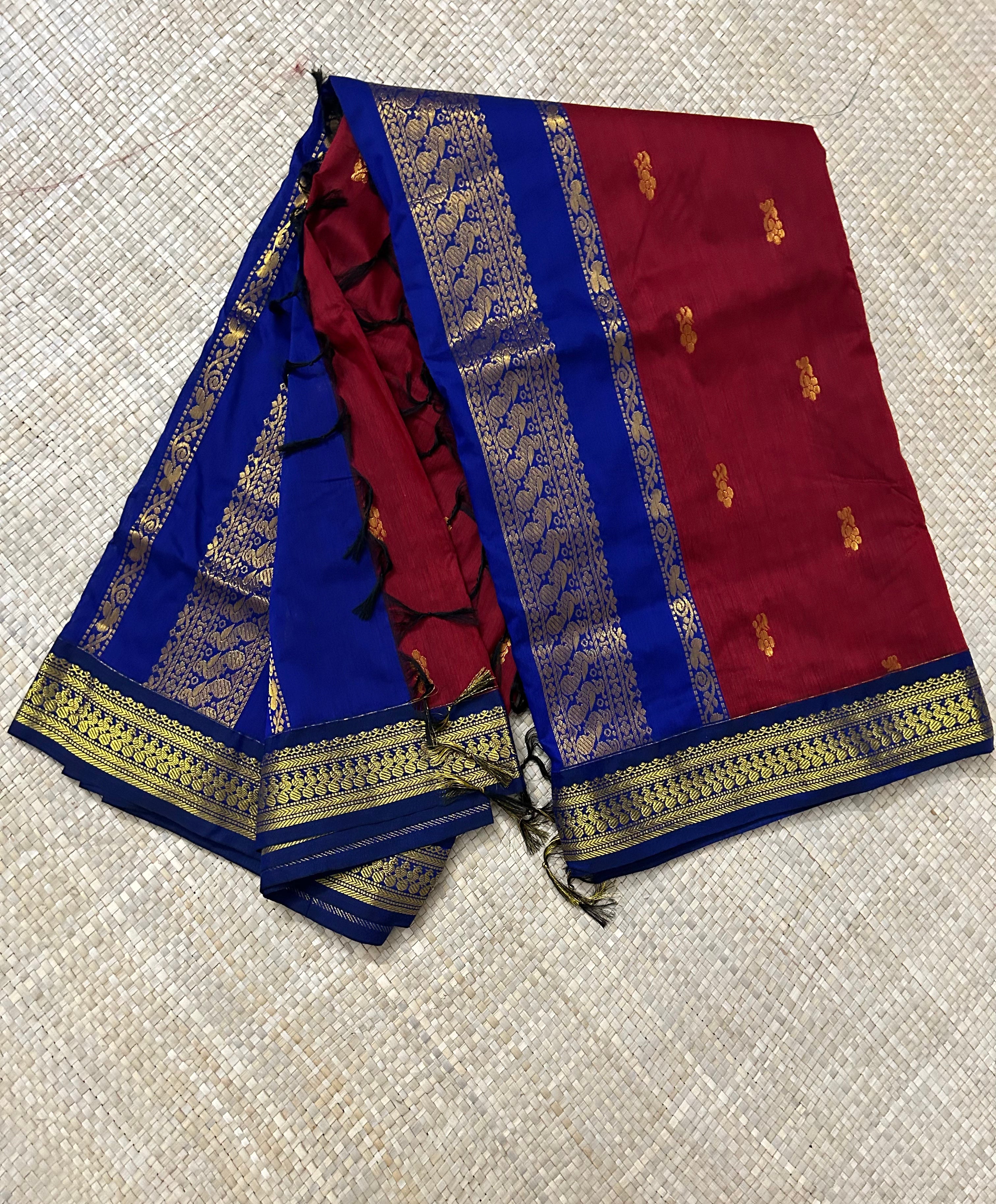 Maroon with Blue Border Kalyani Cotton Saree