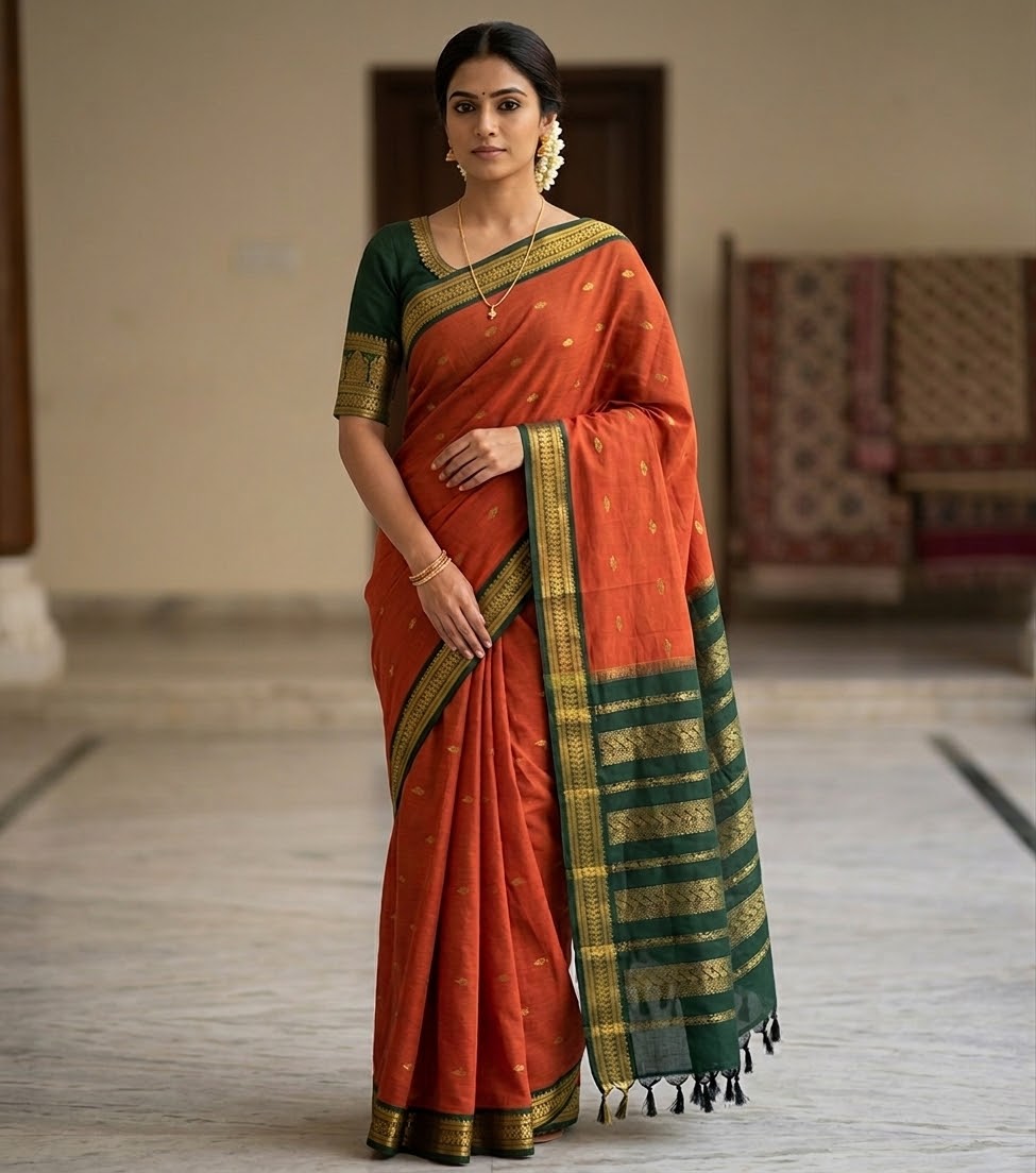 Orange with green Border Kalyani Cotton Saree