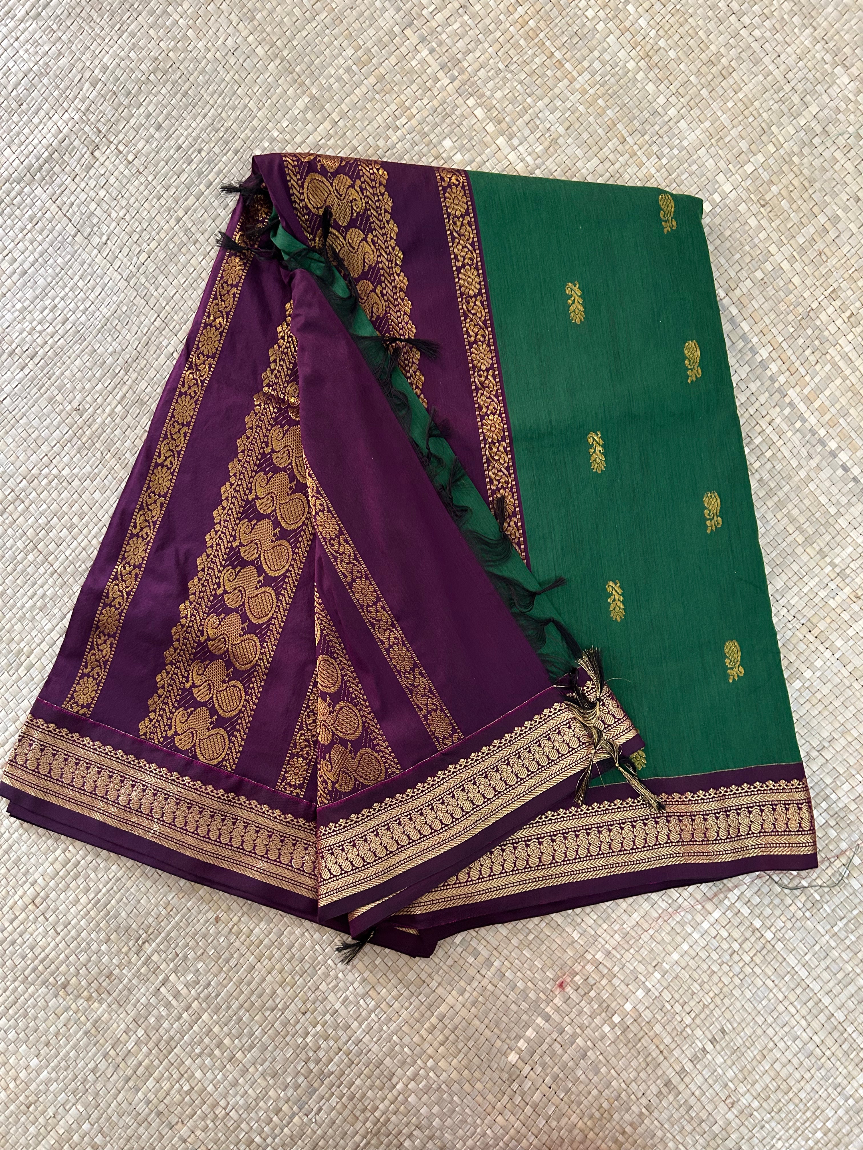 Bottle Green with Purple Border Kalyani Cotton Saree
