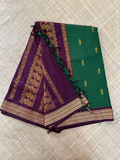 Bottle Green with Purple Border Kalyani Cotton Saree