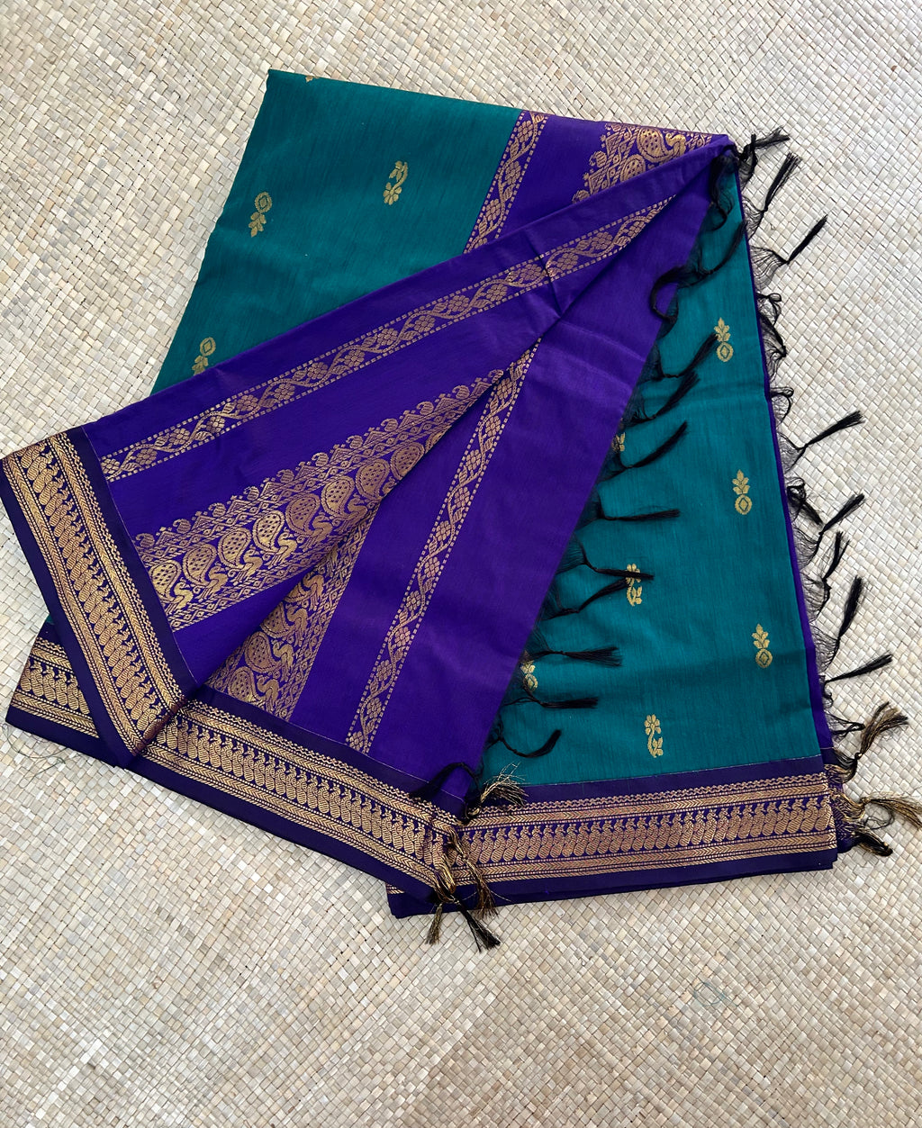 Rama and Violet Border Kalyani Cotton Saree