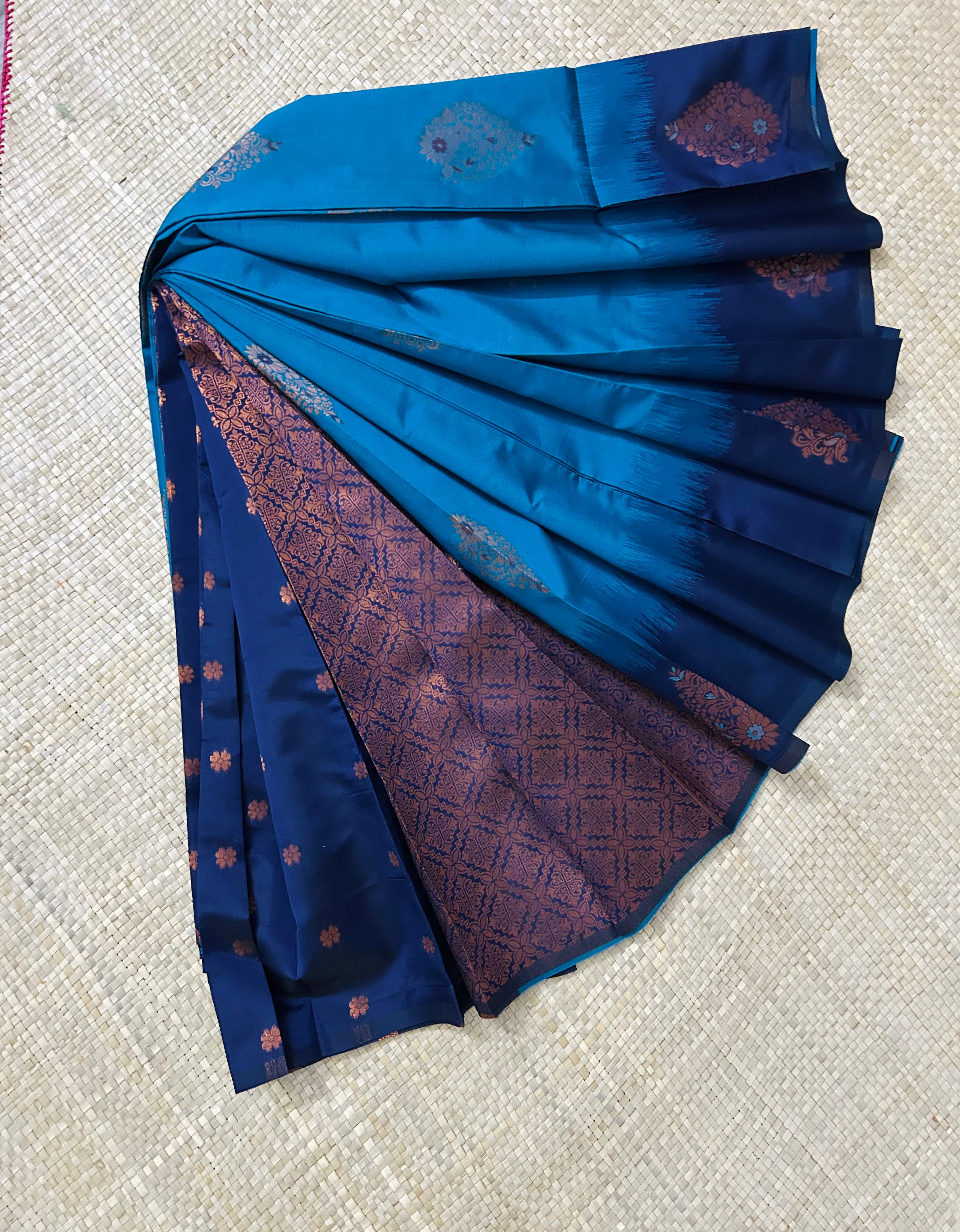 Peacock blue with Copper Zari woven Pallu Semi Silk Saree