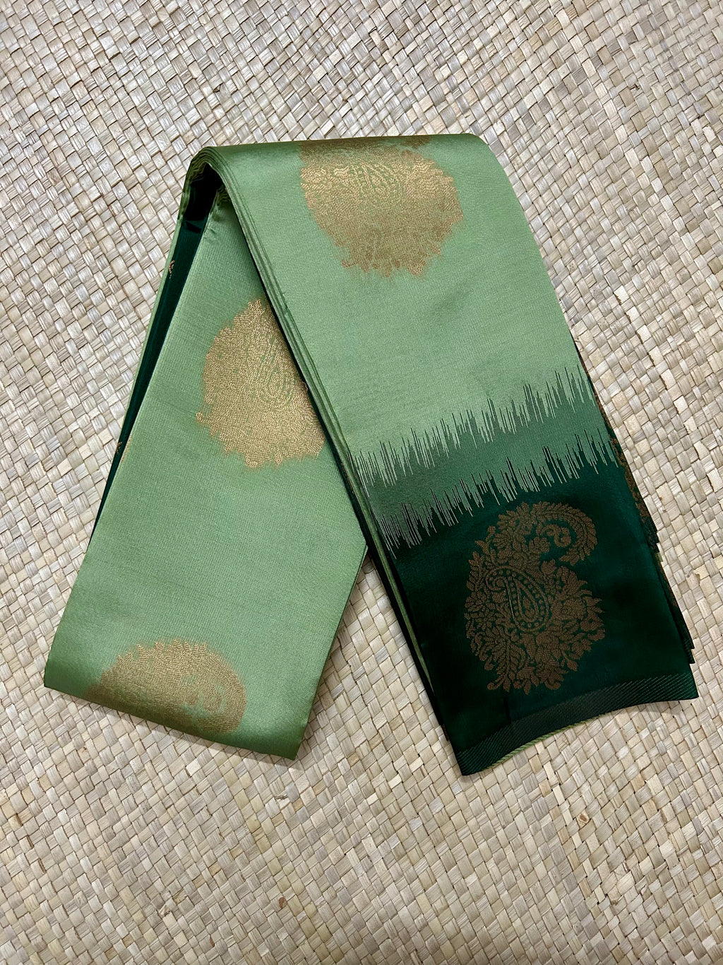 Shades of Green with Zari woven Motifs & Pallu Semi Silk Saree