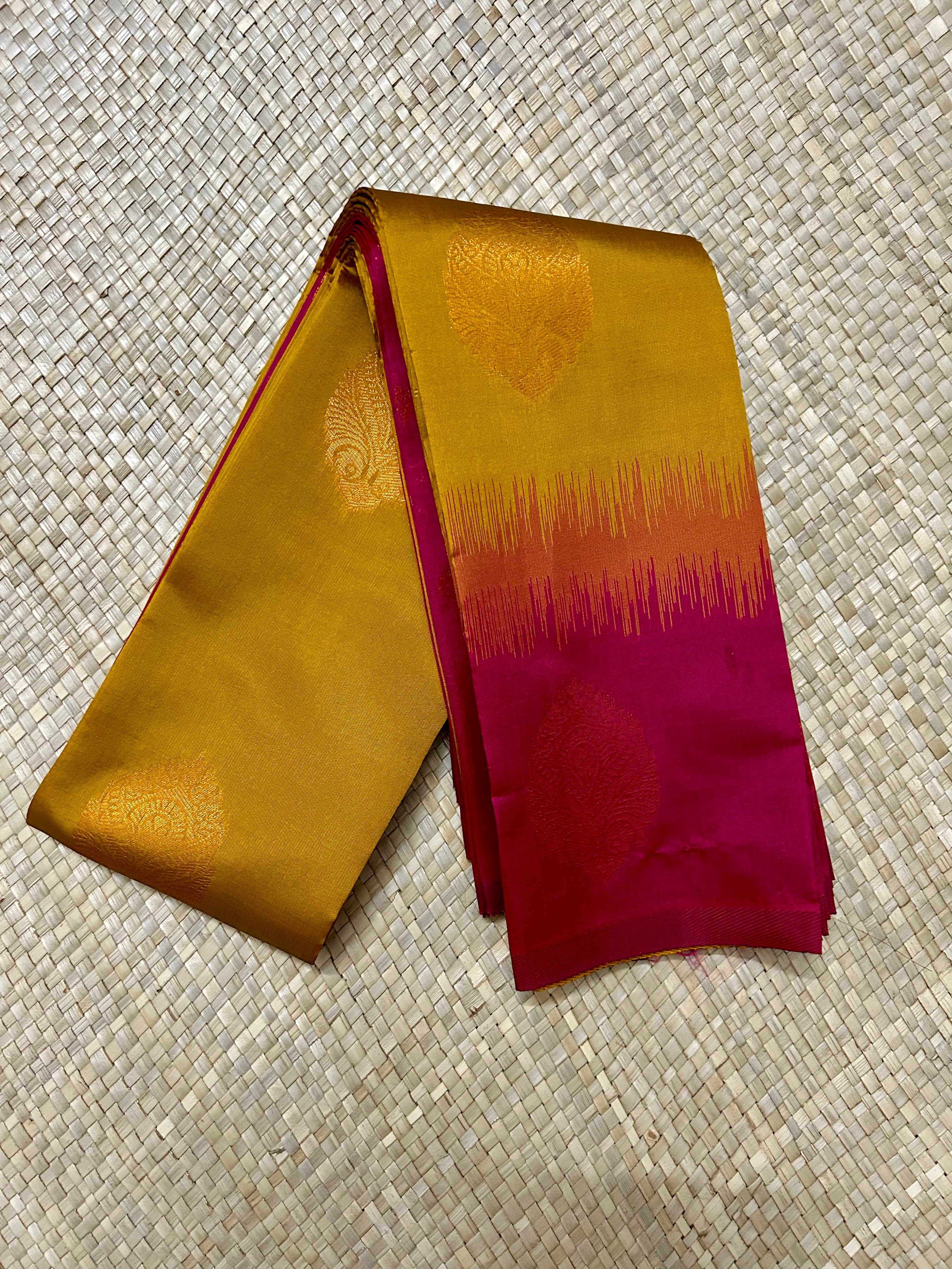 Golden Yellow & Magenta with Copper Zari woven Pallu Semi Silk Saree