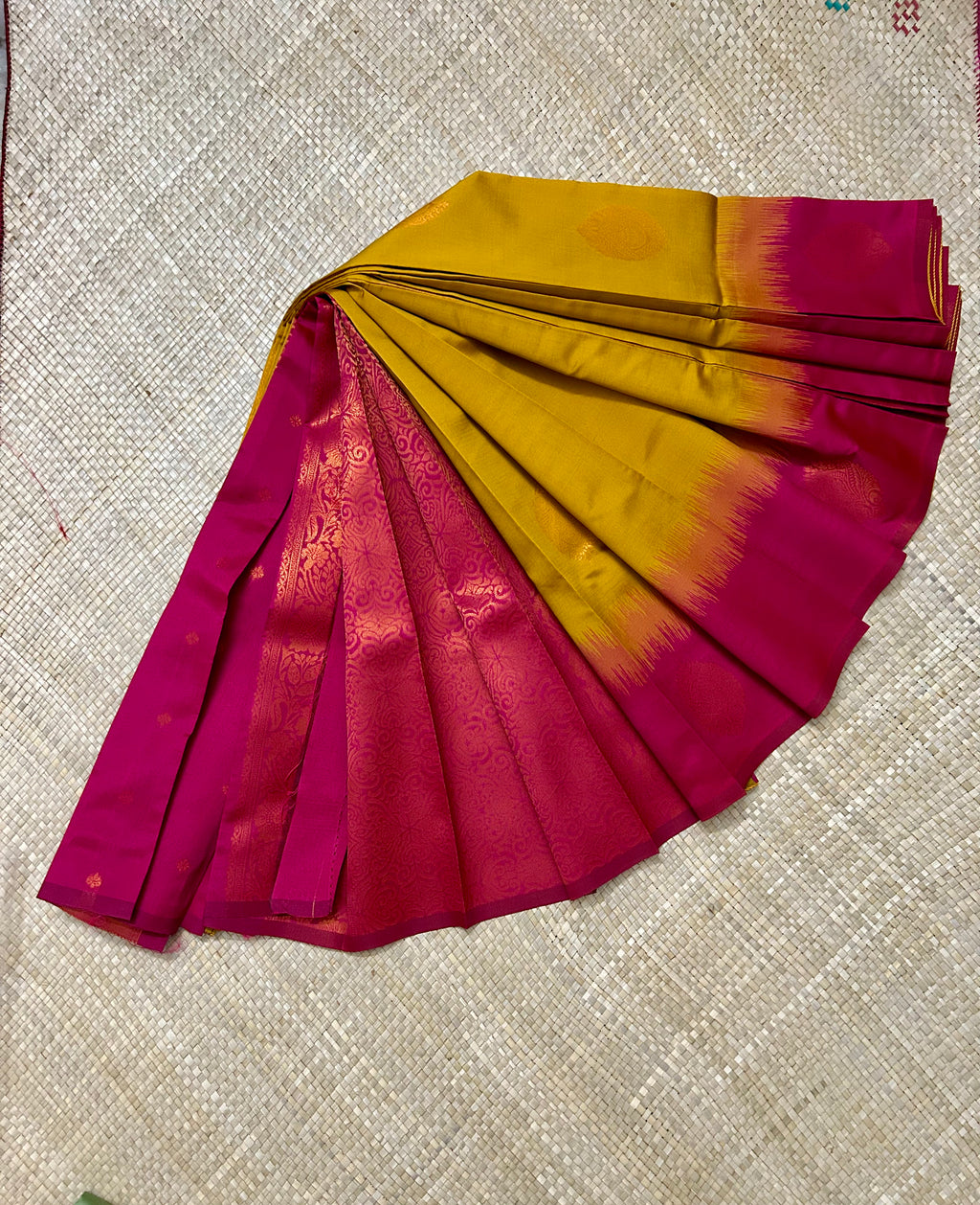 Golden Yellow & Magenta with Copper Zari woven Pallu Semi Silk Saree