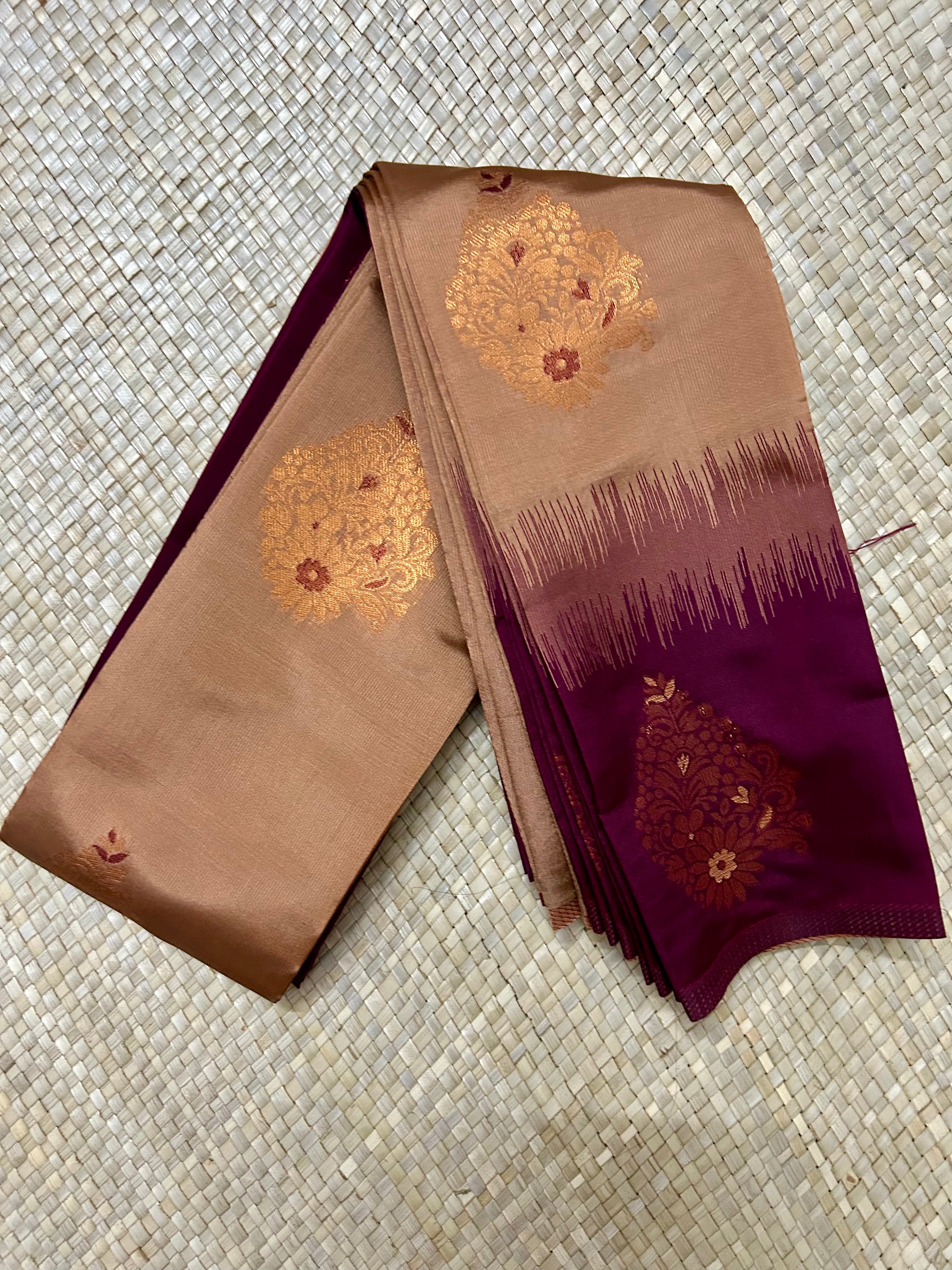 Brown & Wine with Copper Zari woven Pallu Semi Silk Saree