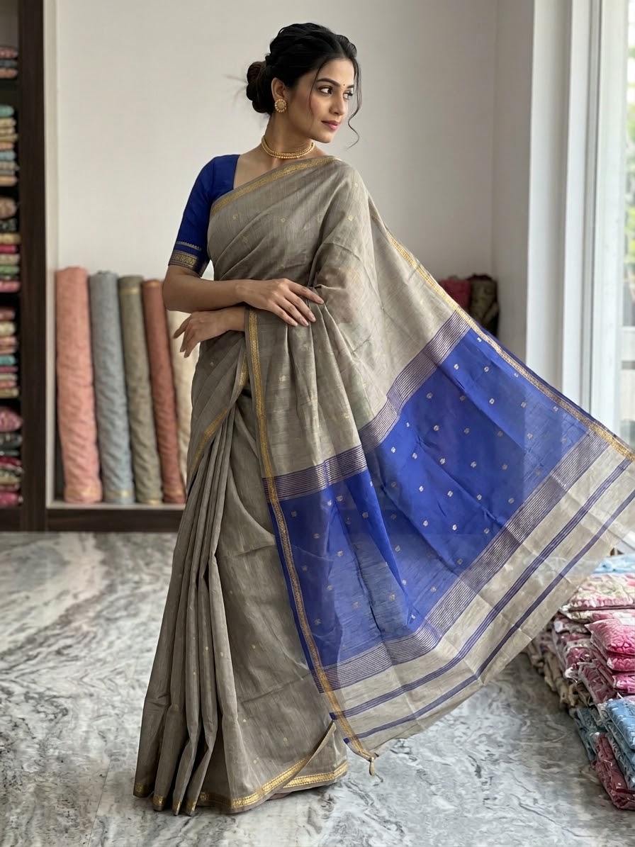 Grey & Blue Maheswari cotton Saree