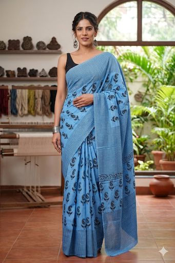 Blue & Black Hand Printed Mul Cotton Saree