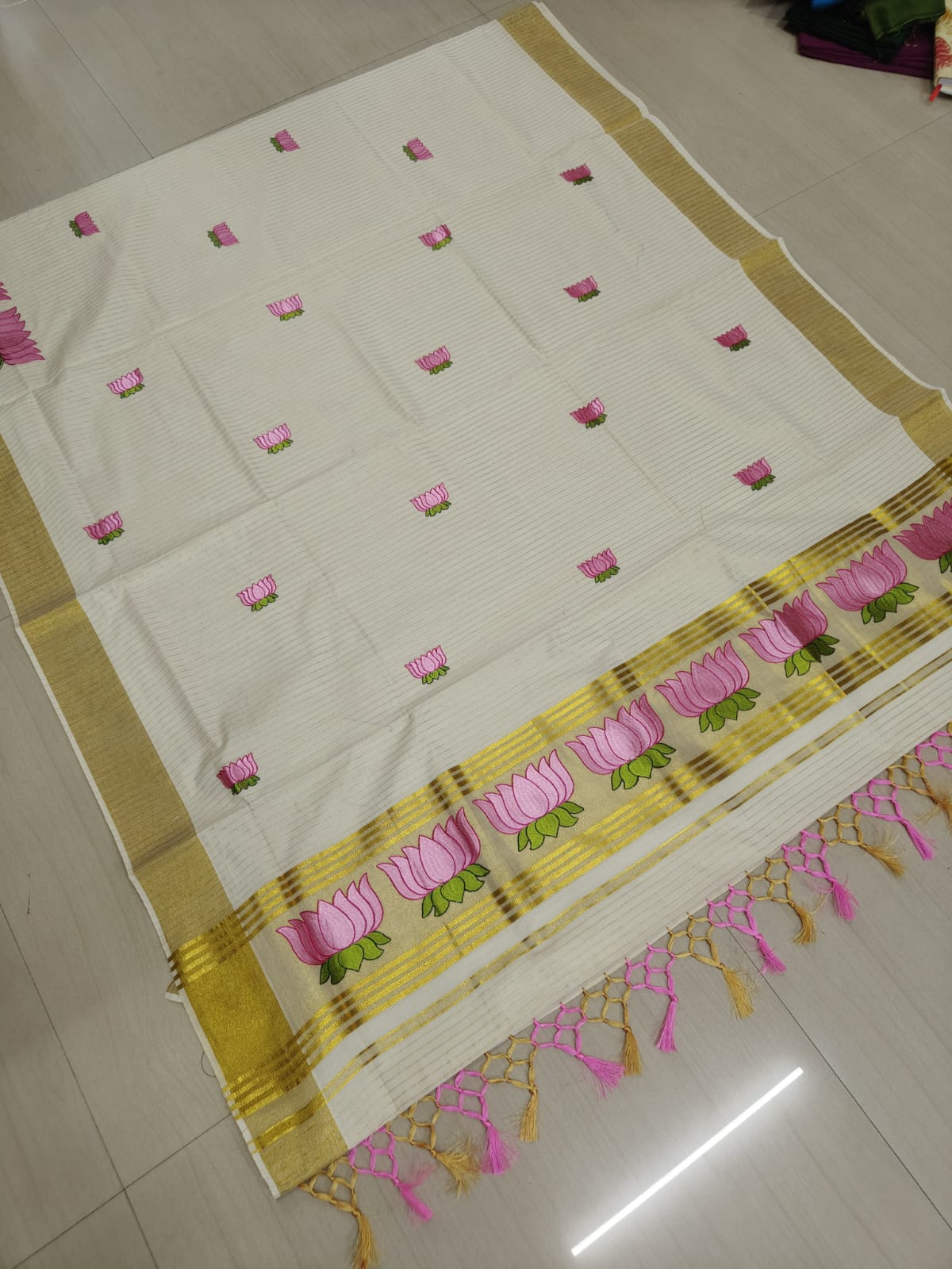 Zari Woven Vertical Striped Lotus Embroidered Kerala Cotton Saree