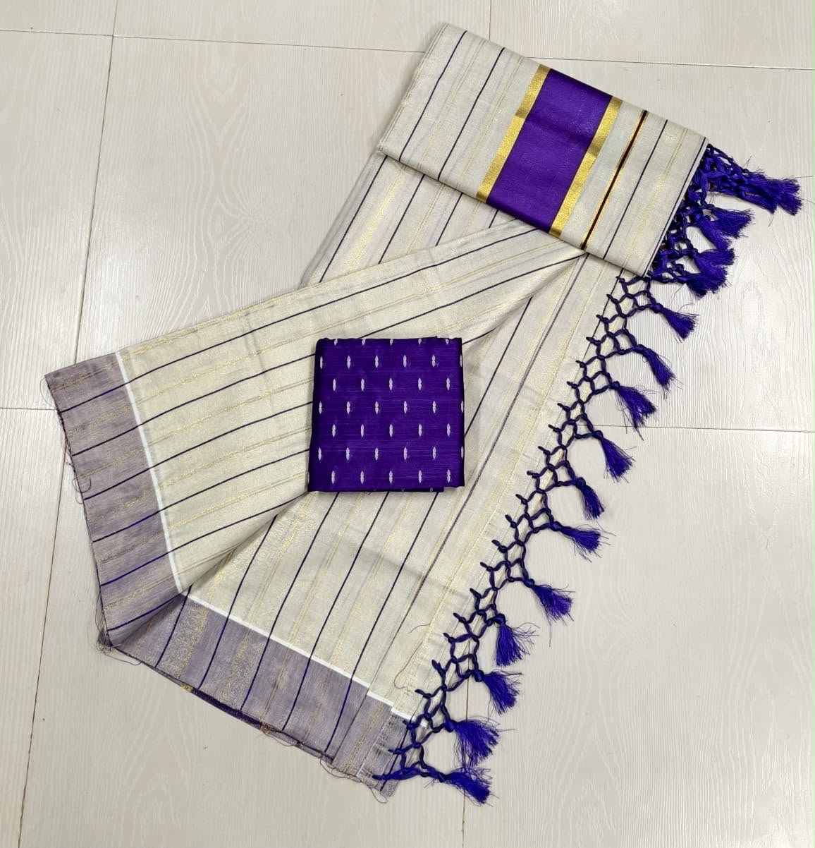 Violet Vertical Striped Tissue Cotton Kerala Saree With Matching Blouse