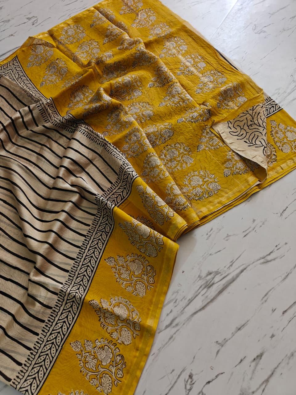 Black & Yellow Vertical Striped Pure Maheswari Silk Saree