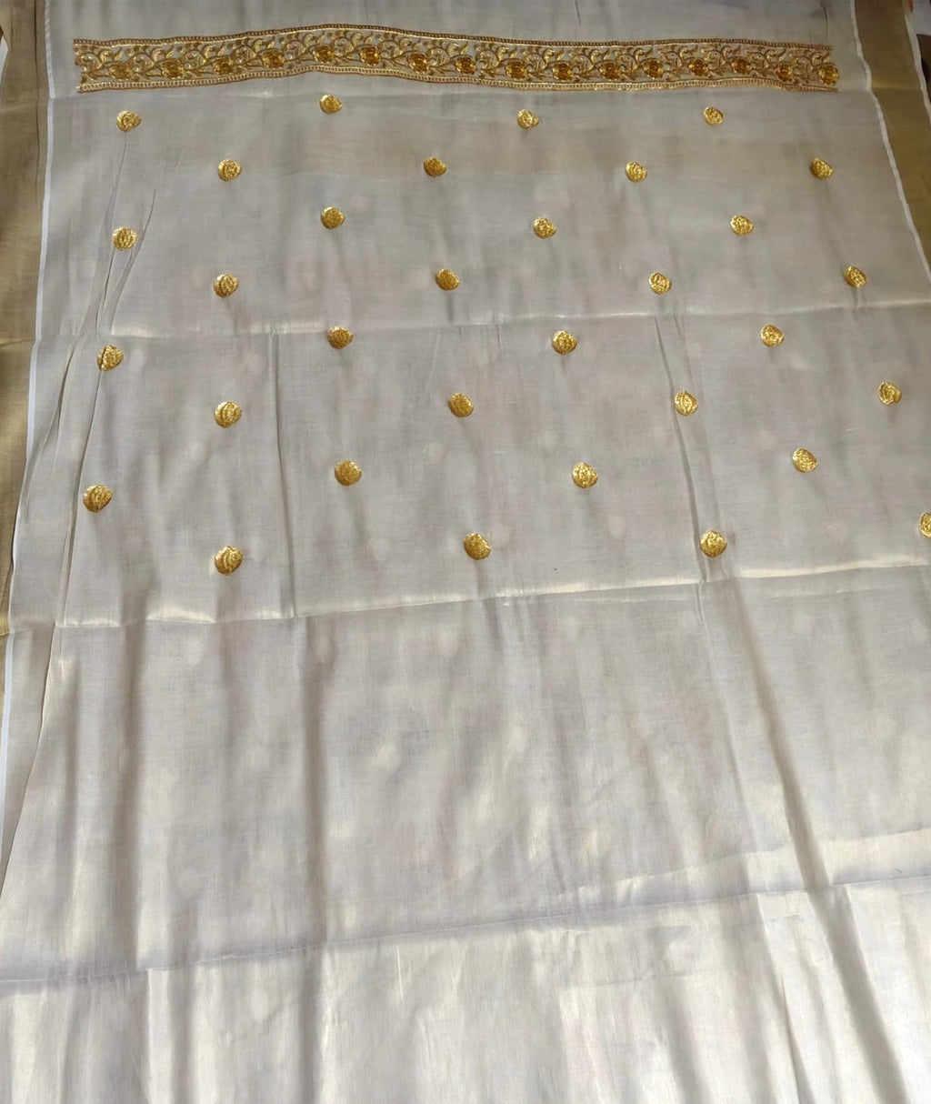 Golden Zari  Polka Weaved kerala Tissue Cotton Saree