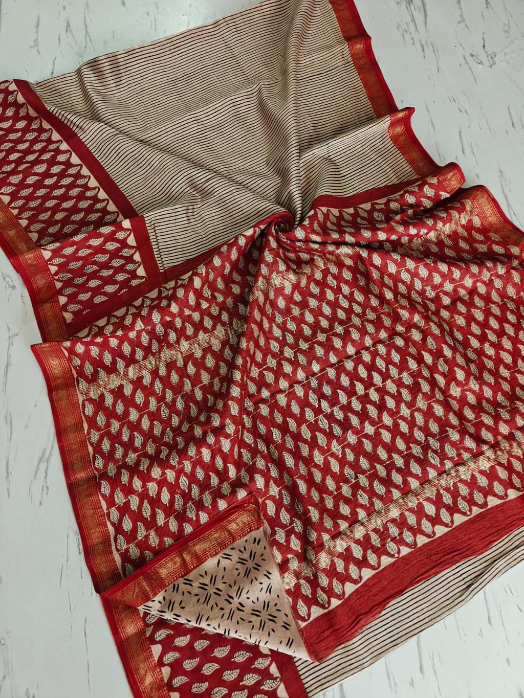 Beige & Maroon Vertical Striped Pure Maheswari Silk Saree