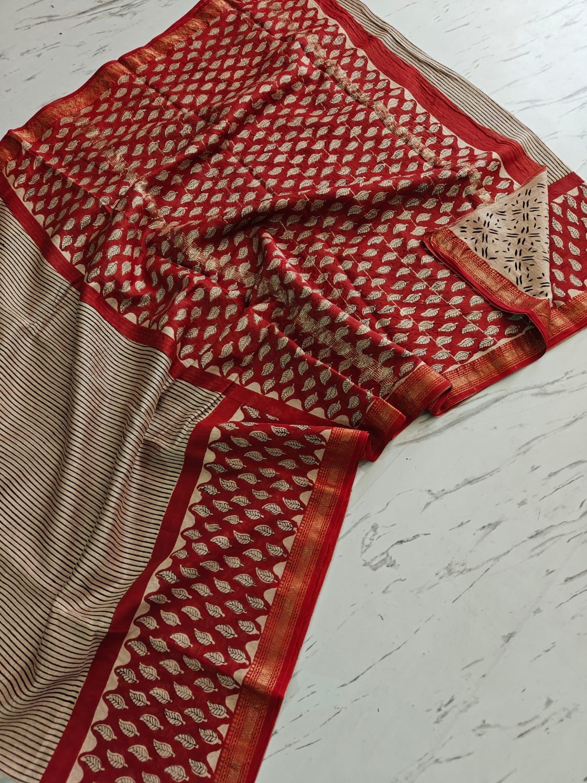 Beige & Maroon Vertical Striped Pure Maheswari Silk Saree