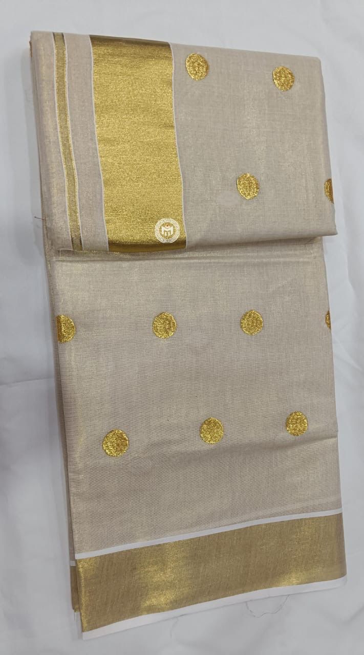 Golden Zari  Polka Weaved kerala Tissue Cotton Saree
