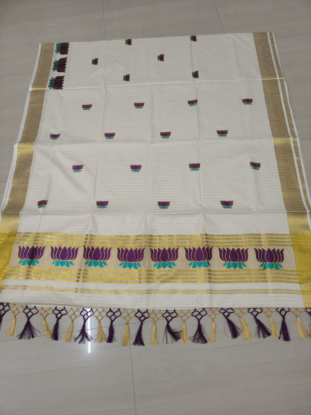 Zari Woven Vertical Striped Lotus Embroidered Kerala Cotton Saree