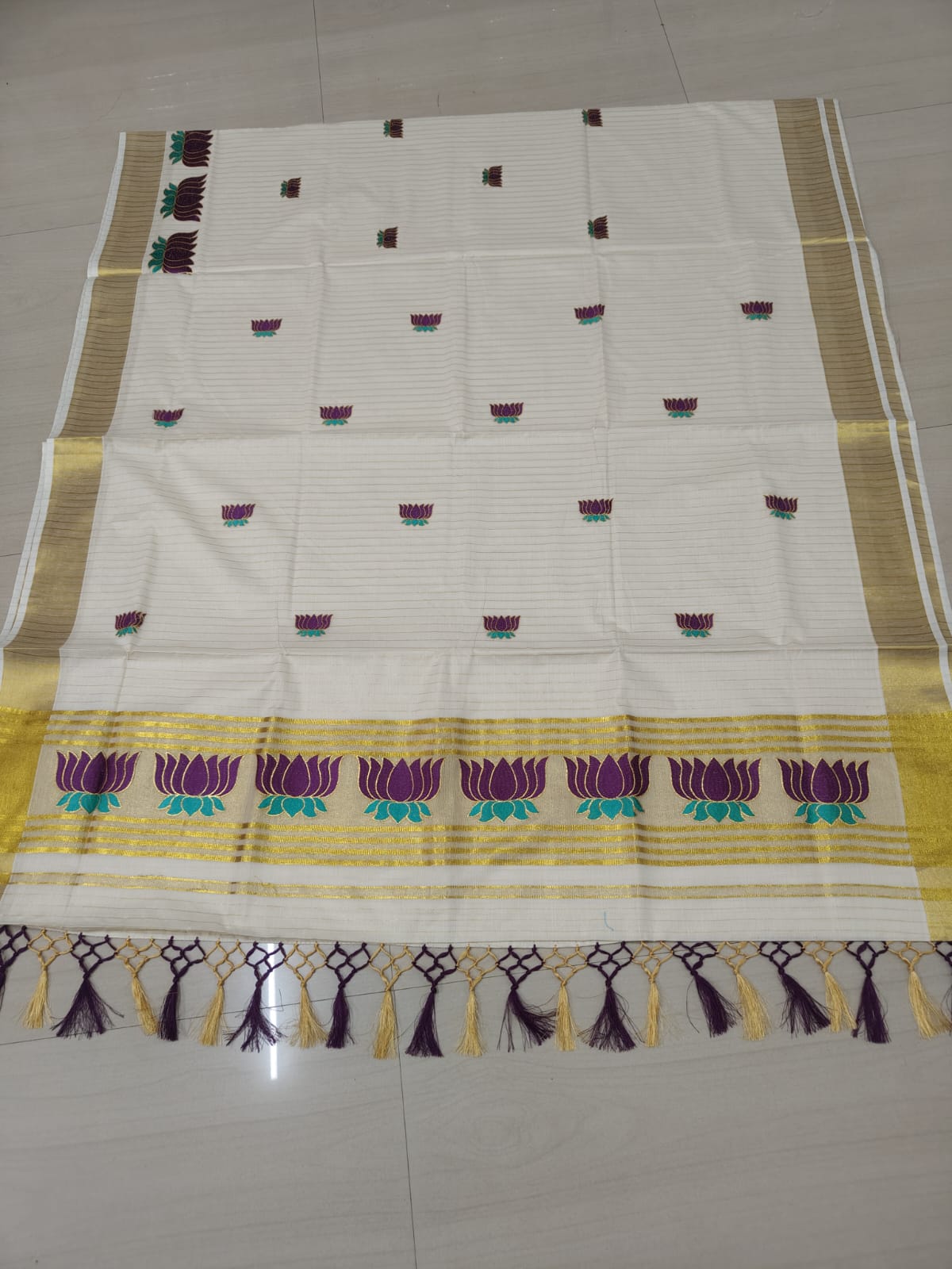Zari Woven Vertical Striped Lotus Embroidered Kerala Cotton Saree
