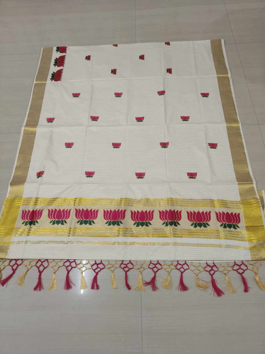 Zari Woven Vertical Striped Lotus Embroidered Kerala Cotton Saree
