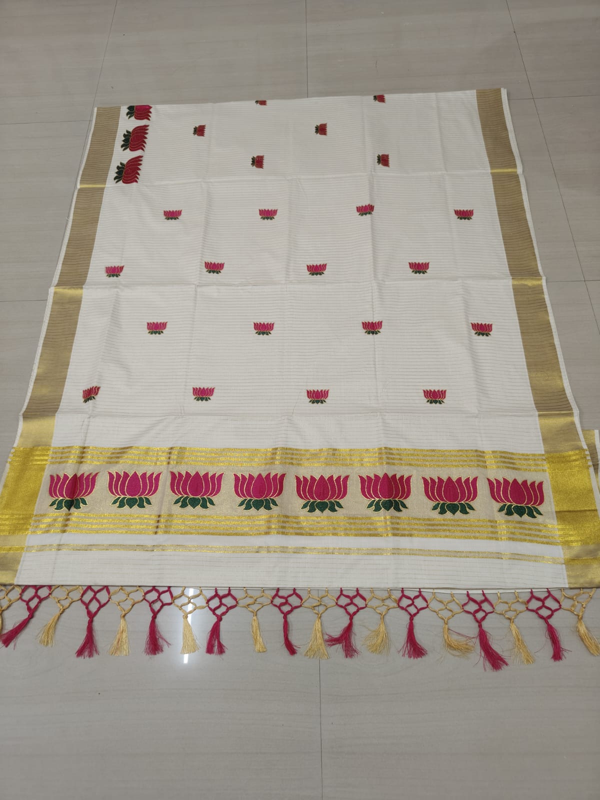 Zari Woven Vertical Striped Lotus Embroidered Kerala Cotton Saree