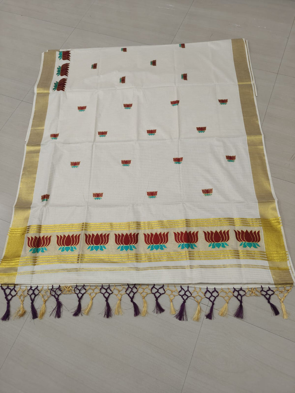 Zari Woven Vertical Striped Lotus Embroidered Kerala Cotton Saree