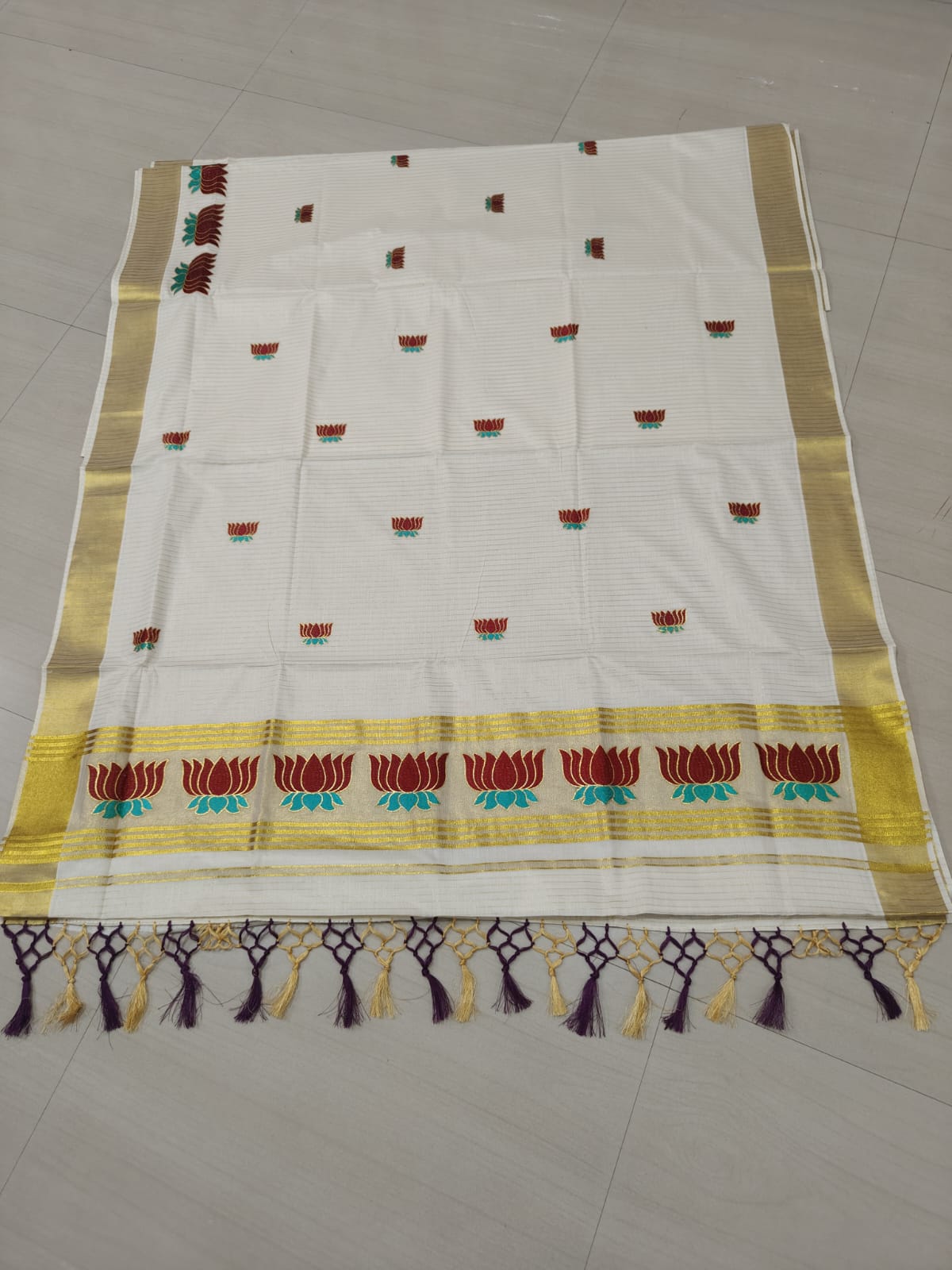 Zari Woven Vertical Striped Lotus Embroidered Kerala Cotton Saree