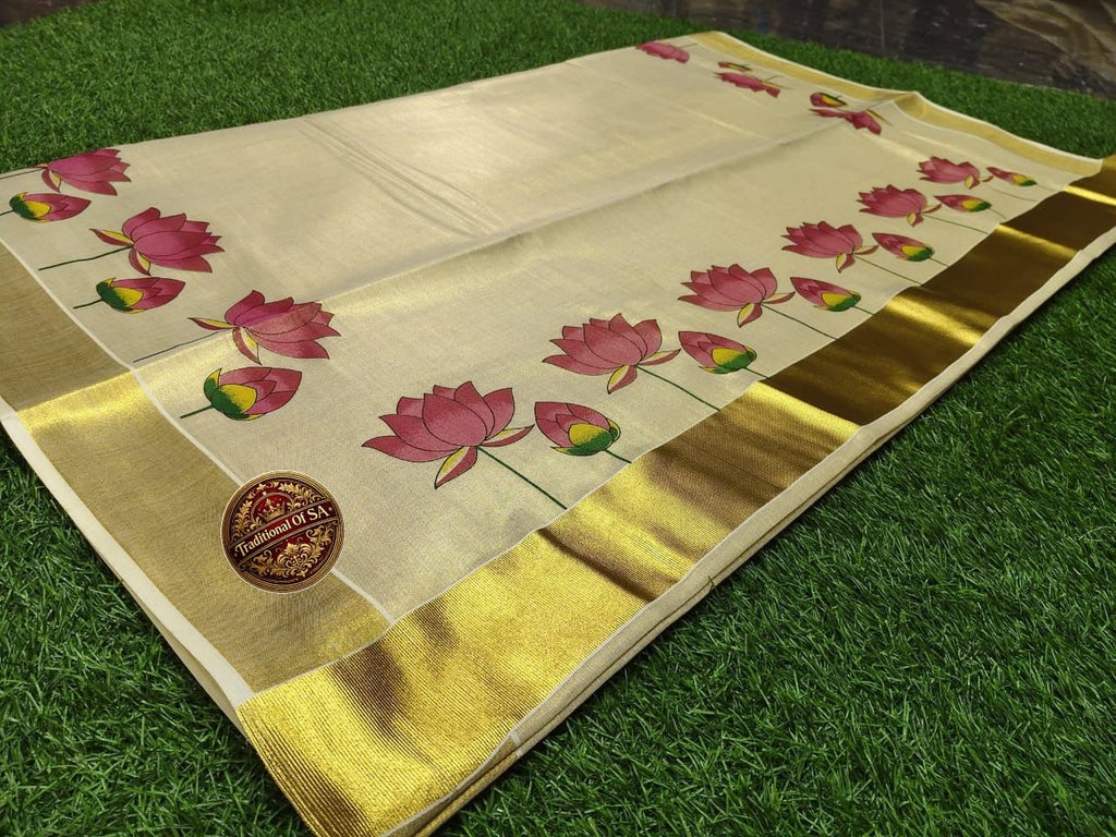 Lotus Printed Kerala Tissue Cotton Saree with Zari Border