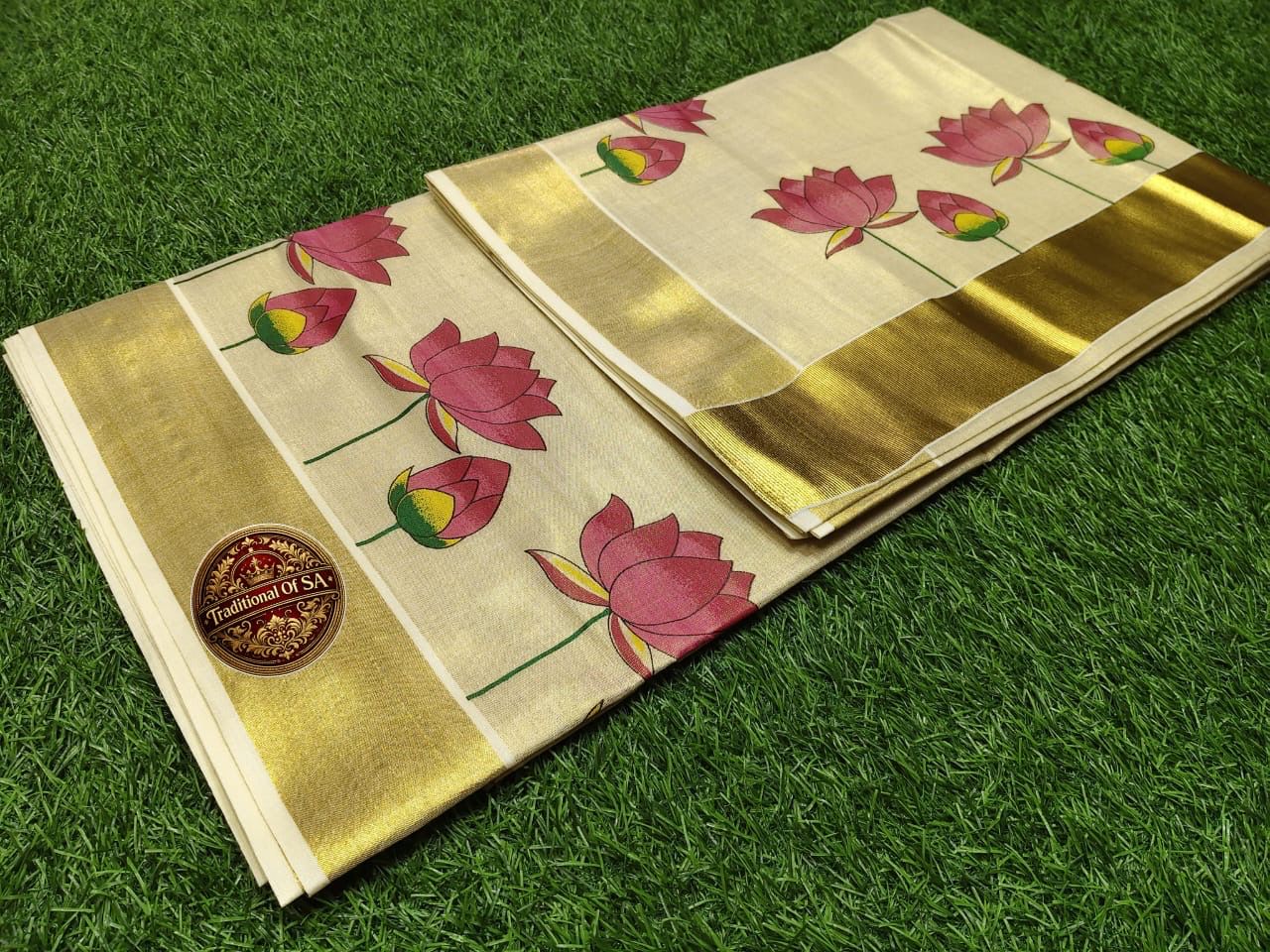 Lotus Printed Kerala Tissue Cotton Saree with Zari Border