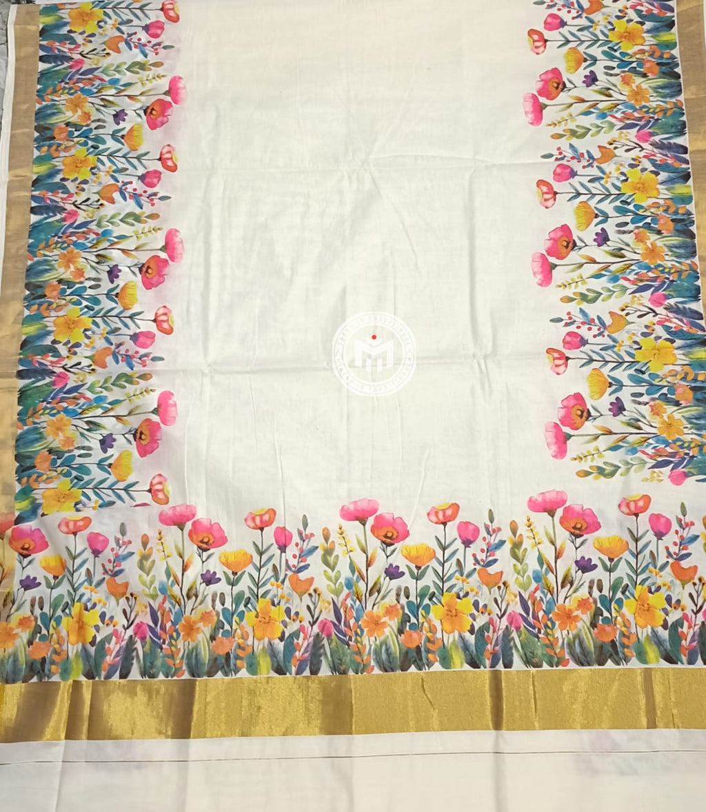 Floral Printed Kerala Cotton Saree with Zari Border