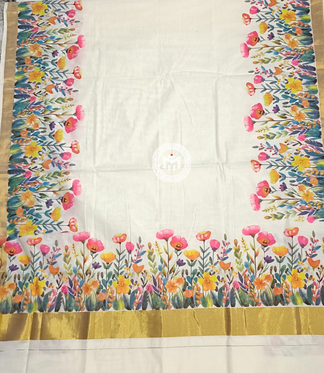 Floral Printed Kerala Cotton Saree with Zari Border