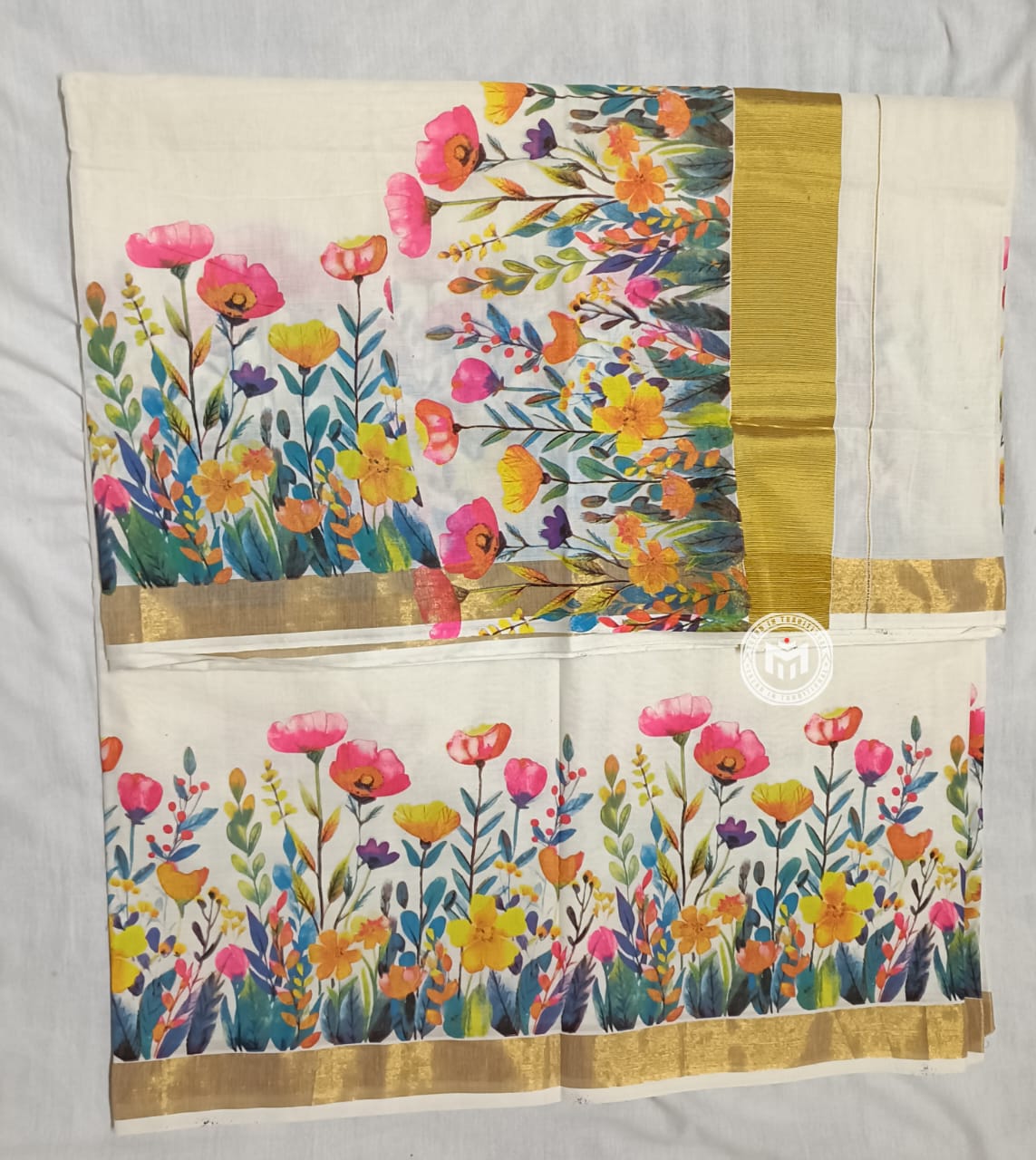 Floral Printed Kerala Cotton Saree with Zari Border