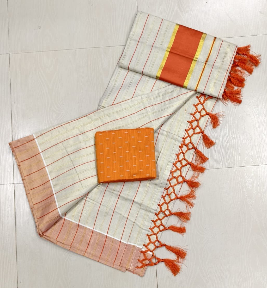 Orange Vertical Striped Tissue Cotton Kerala Saree With Matching Blouse